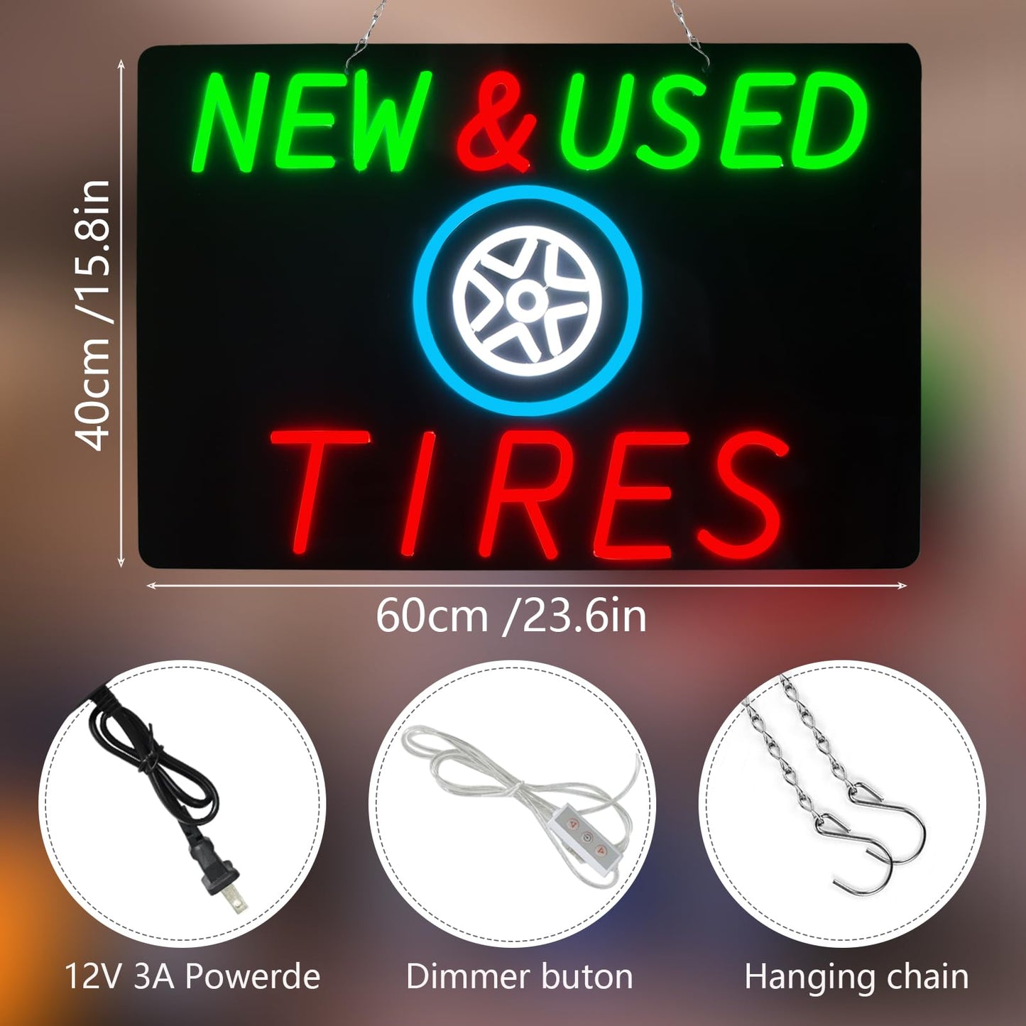 JFLLamp Large NEW&USED TIRES Neon Signs for Wall Decor Business Neon Lights for Bedroom Led Signs Suitable for Office Man Cave Bar Christmas 12V Power Adapter, 23.6*15.7 Inch(Red + Grenn+White +Azure)