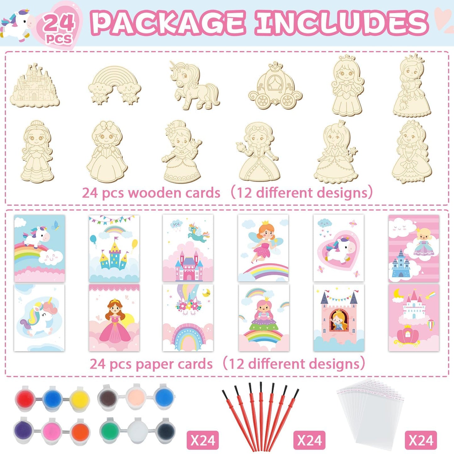 24Pcs Princess Party Favors Birthday Supplies Decorations-Cards with Art Crafts Castle Fairies DIY Wooden Painting Craft Kits Thank You for Coming Gifts Bulk Goodie Bags Stuffers Prizes for Kids Girls