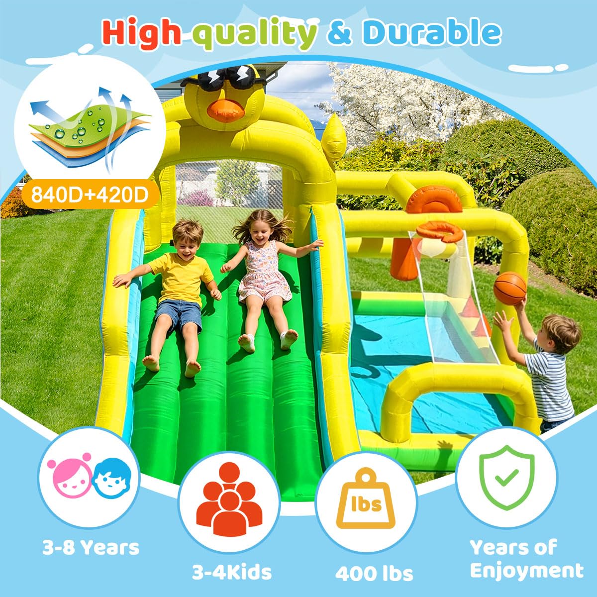 Baralir Duck-Themed Inflatable Bounce House with Extra Wide Slide & Climbing Wall, Basketball Hoop, Ring Toss, Punching Bag, 2-in-1 Splash Pool/Ball Pit - Indoor/Outdoor Jumping Castle for Toddlers