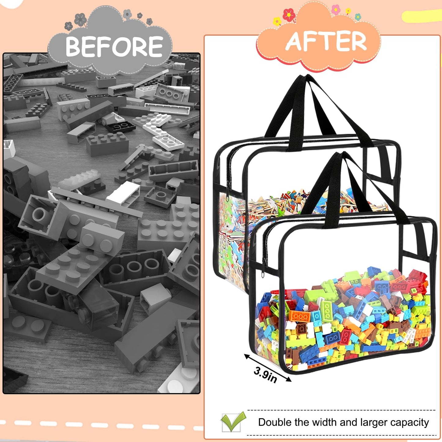 6 Packs Large Toy Storage Bags with Labels, Reusable Clear PVC Board Game Storage, Travel Waterproof Organizer Bags with Zipper for Building Blocks, Puzzle, Kids Books