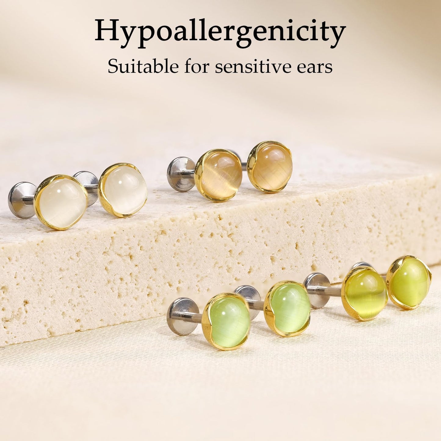 Limerencia Hypoallergenic Earrings for Sensitive Ears - 18G G23 Titanium Round Cat's Eye Push in Stud Earrings, Cartilage Stone Pierced Earrings for Women Men Gift,Champagne 4mm
