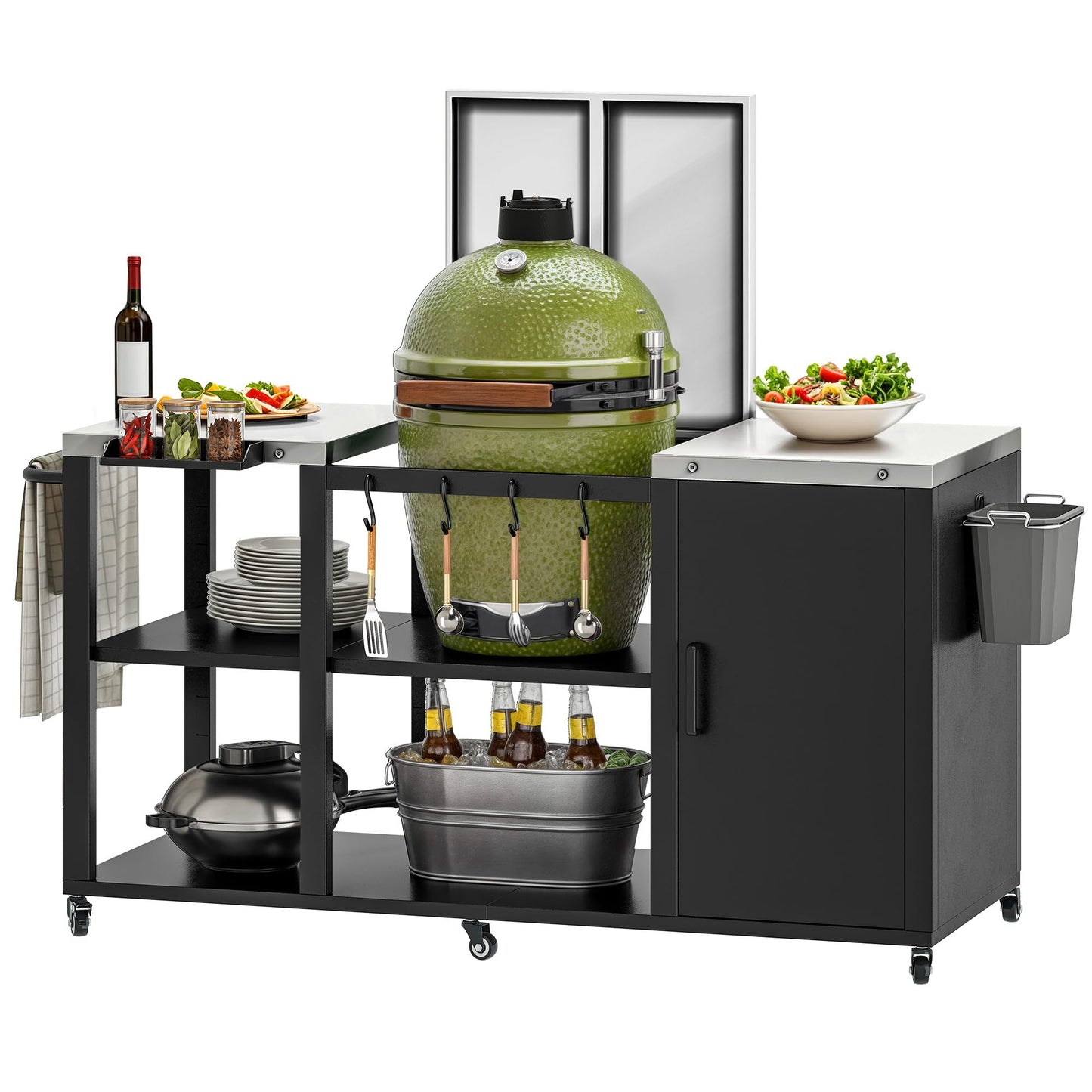 DWVO XL Outdoor Grill Table with Stainless Steel Tabletop, Grill Cart with Adjustable Storage Shelves, Spice Rack, Paper Towel Holder, and Trash Bag Holder, BBQ Prep Table for Parties