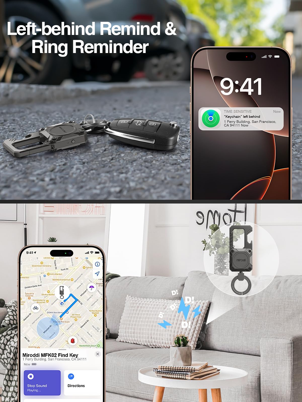Miroddi Keychain Tracker, Men's Key Chain Works with Find My(iOS Only), Heavy Duty Keychain Carabiner Bottle Opener, Car Key Chains with Finder, Anti-lost Keyrings Tracker, Rechargeable, Gunmetal
