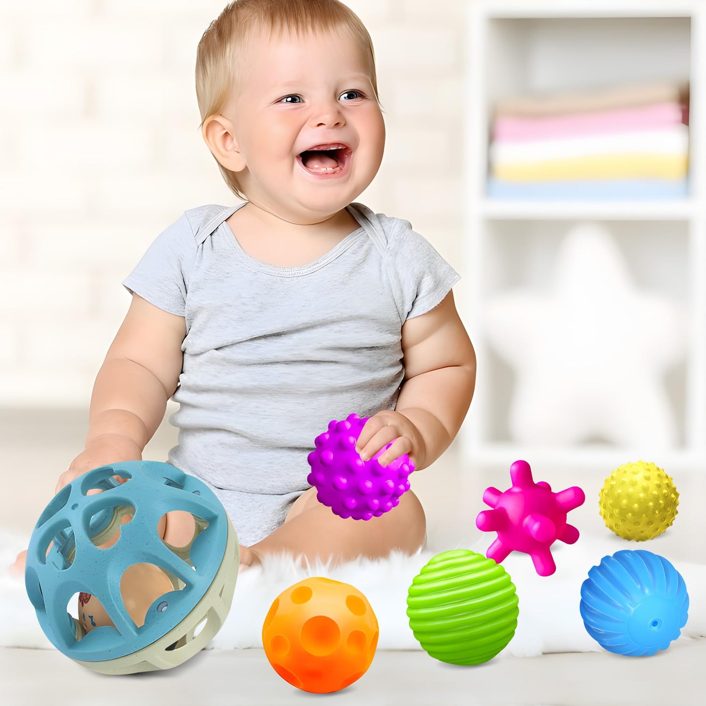 ROHSCE Sensory Toys for Babies Bundle - Textured Baby Balls & Wheat Straw Rattle + Silicone Rainbow Stacker, Montessori Nesting Blocks Soft Building Toys (7CPS), Baby 6-12 Months, Toddler Toys 1-3