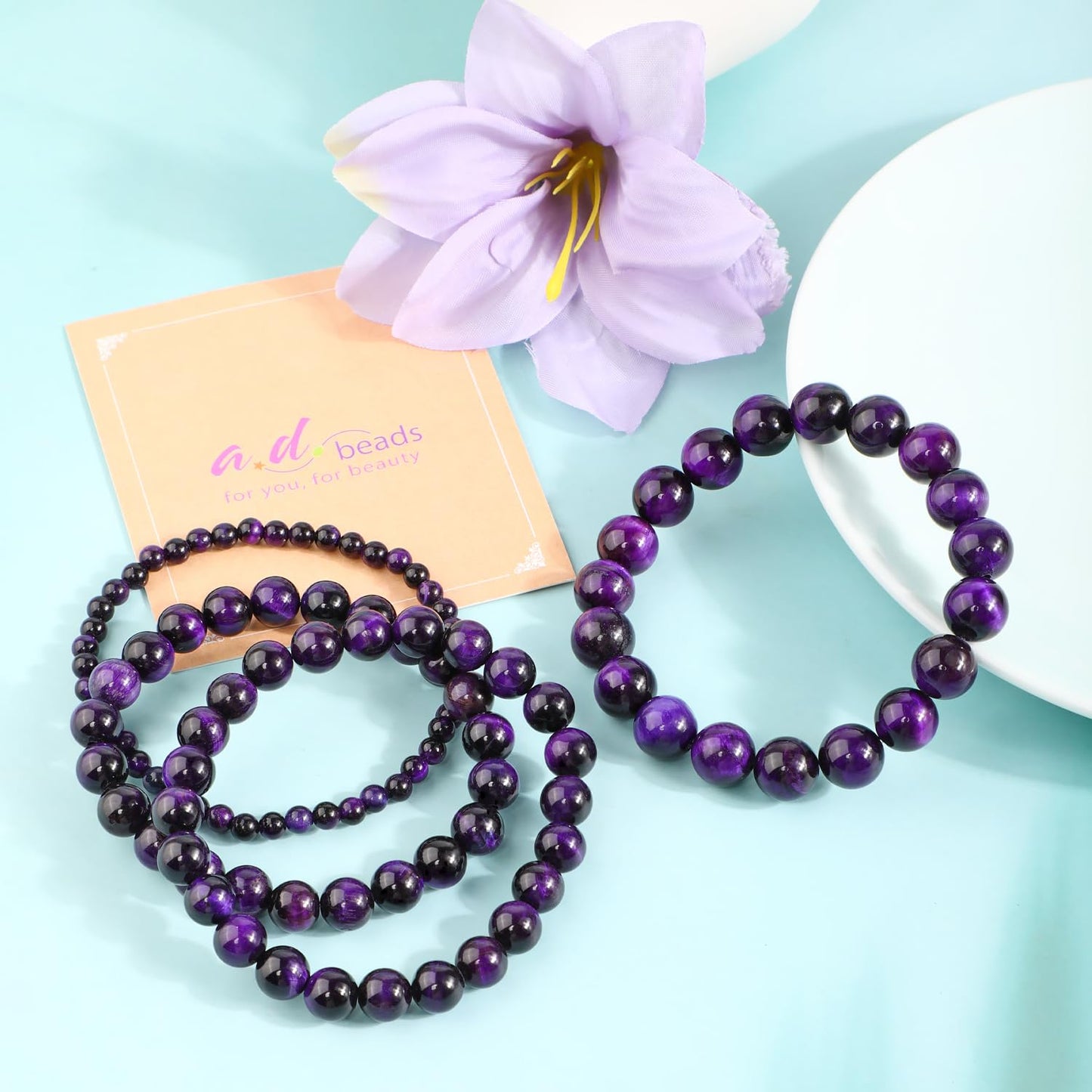 AD Beads 8mm Handmade Purple Tiger Eye Elastic Bracelet – Natural Gemstone for Peace and Tranquility – Meditation, Yoga, Healing and Energy Gift for Men Women