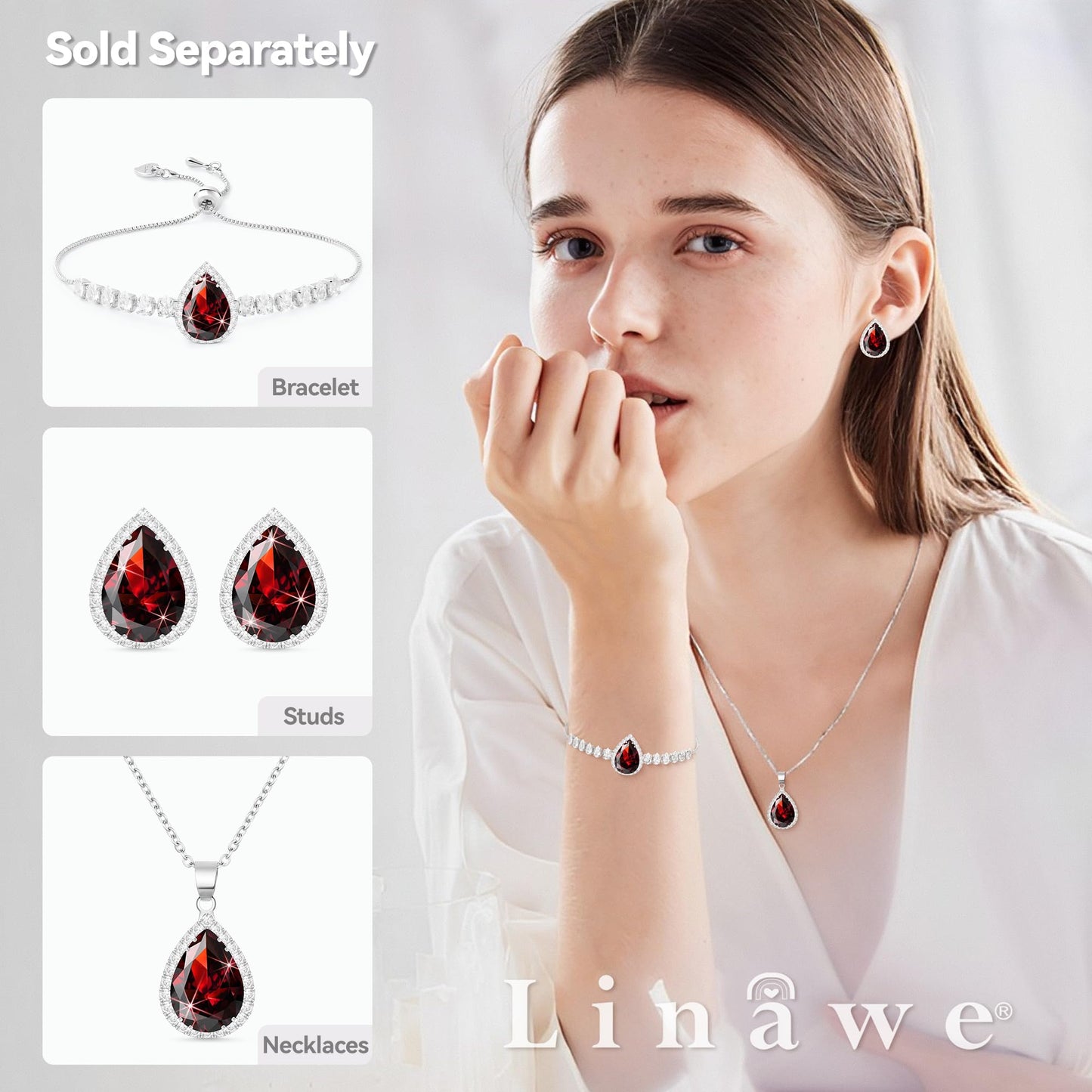 Linawe Silver Chain Necklace, Ruby Crystal Imitation Diamond Necklace for Women Trendy, Red Pendant, Boho Costume Jewelry Cubic Zirconia Birthstone Rhinestone Set