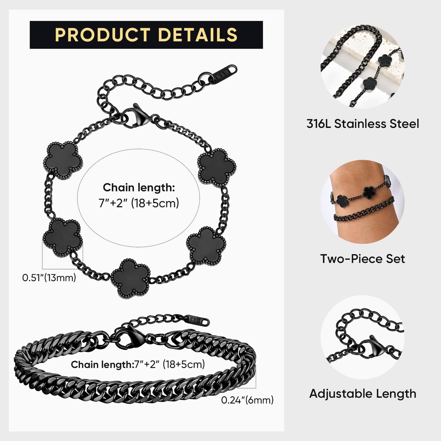 VNOX 2 PCS Floral Bracelets for Men Women -Womens Mens Stainless Steel Black Cuban Chain Link Bracelet Lucky Charm Four Clover Flower Bracelets Trendy Jewelry Gifts，2