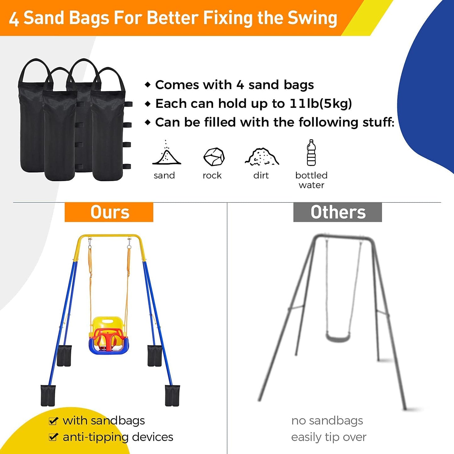 FUNLIO 2 in 1 Swing Set for Toddler & Baby Jumper, Heavy Duty Kids Swing & Bouncer with 4 Sandbags, Foldable Metal Stand for Indoor/Outdoor Play, Easy to Assemble and Store