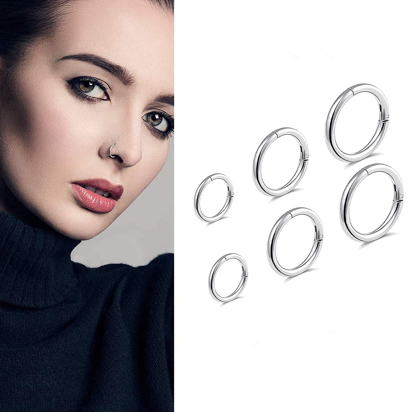 BOGKU 6pcs G23 Titanium Septum Rings Hinged Nose Ring Hoops for Women 16G Cartilage Hoop Earrings Body Piercing Jewelry Silver Lip Rings - Diameter 6mm 8mm 10mm