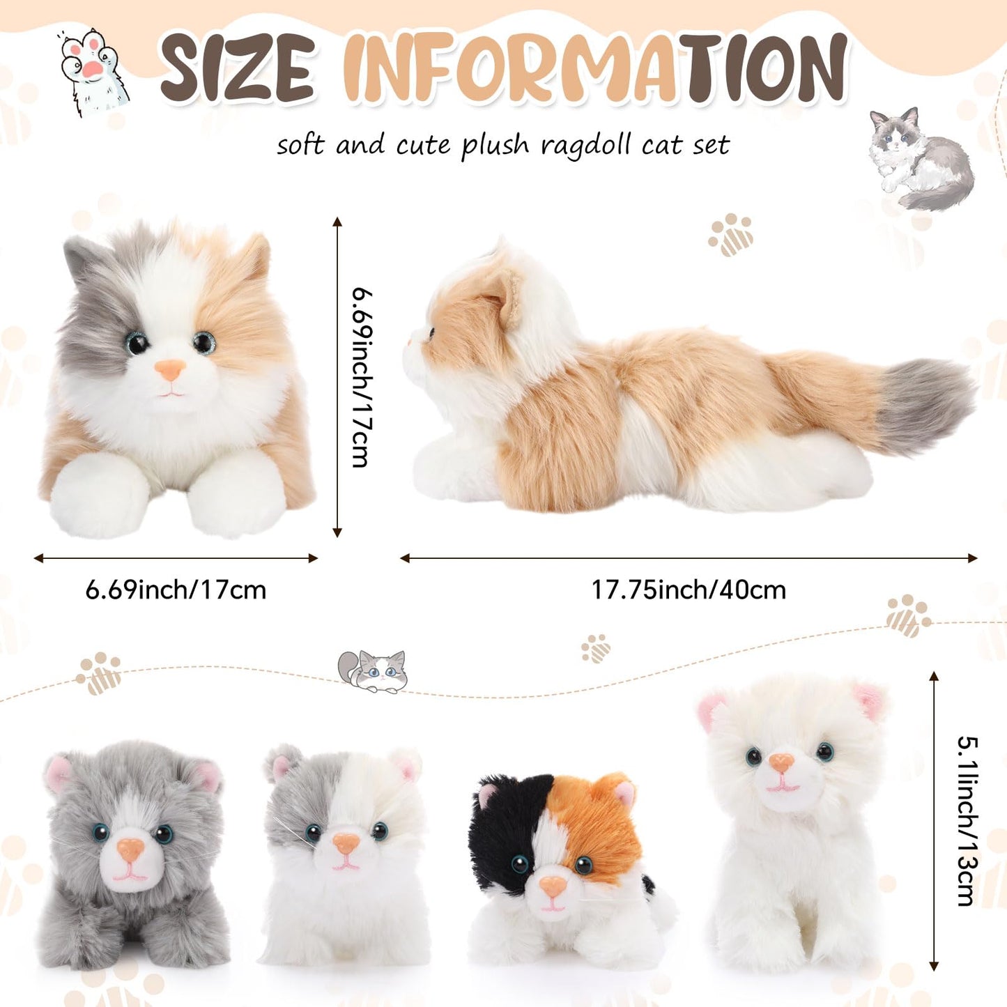 HyDren 5 Pcs Realistic Ragdoll Cat Stuffed Animal, 17.75 Inches Large Ragdoll Cat Mommy Plush with 4 Cute Babies Soft Plush Kittens Set for Girls Boys Birthday Party Favors (Grey,White,Brown)