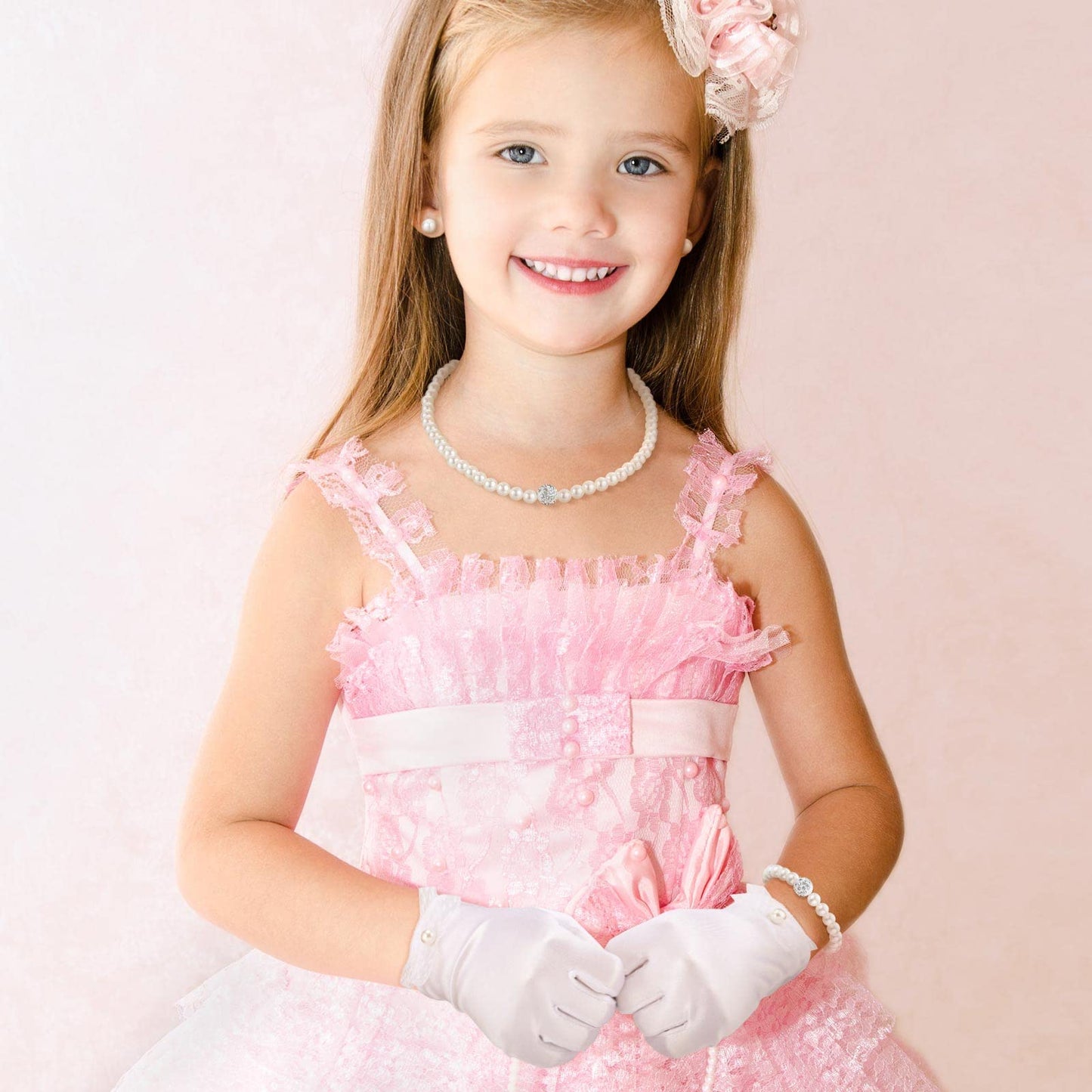 Geyoga 4 Pcs Pearl Necklace Set for Little Girls Toddler Girls Jewelry Communion Gloves for Kids Christmas Tea Party Wedding(Modern Style,4-8 Years)