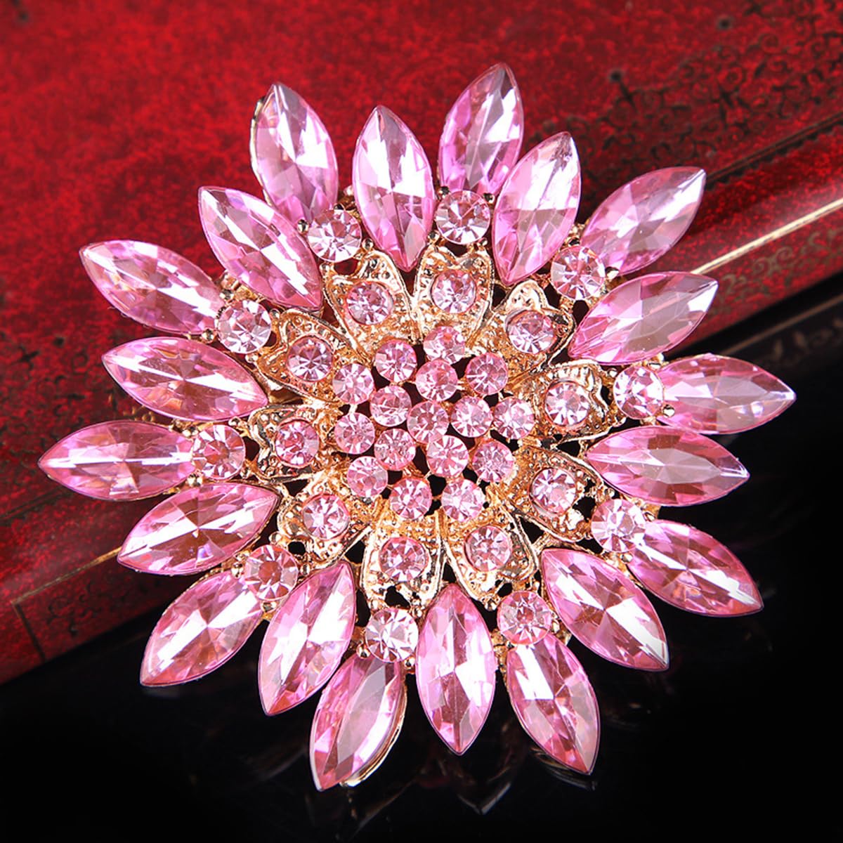 Rhinestone Sunflower Brooch Pin for Women Red Black Purple Large Flower Broochs Snowflake Brooch Marquise Wreath Brooches Jewelry (Pink1)