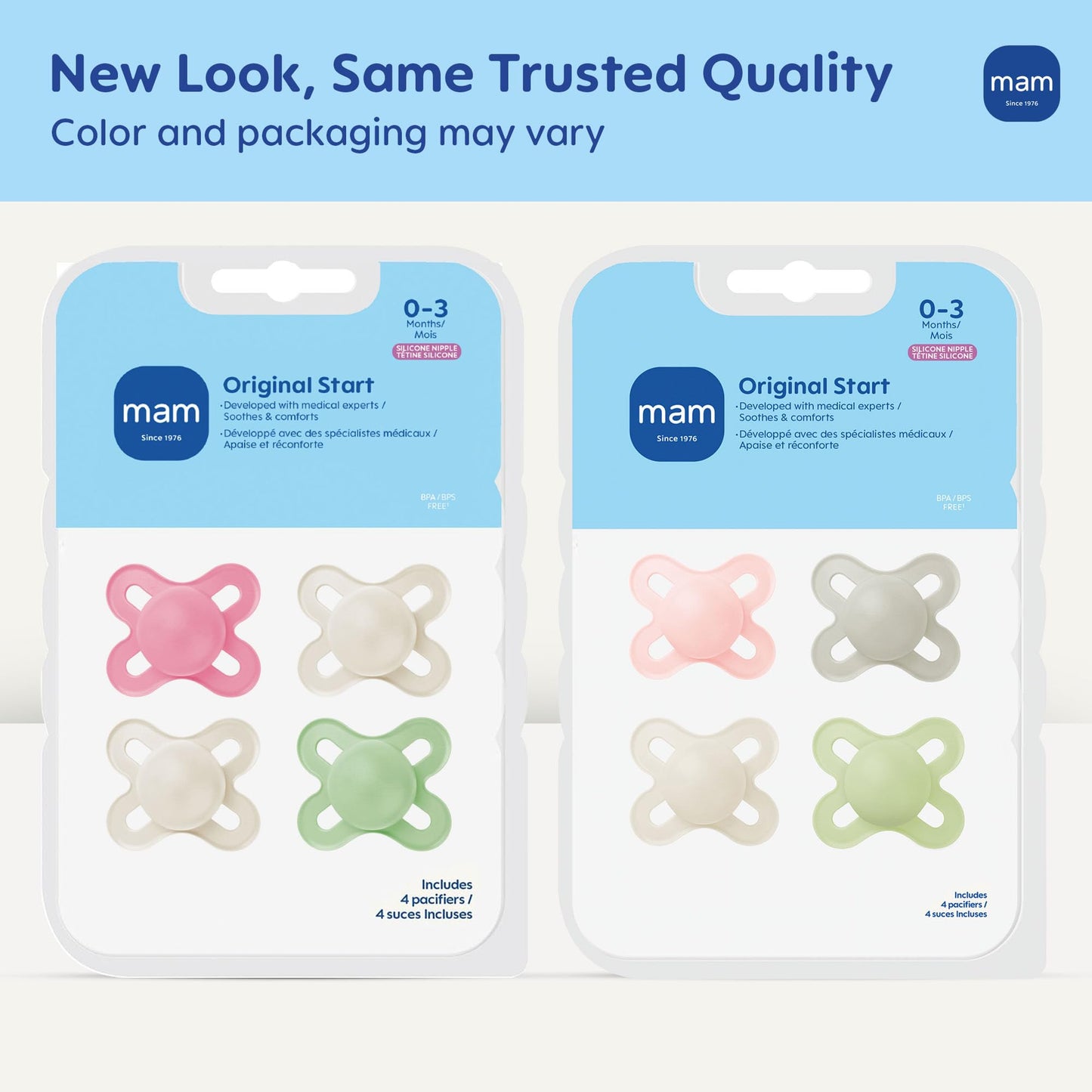 MAM Original Start Baby Pacifiers 0-3 Months, BPA-Free Skin Soft Silicone Nipple, Glows in The Dark, Developed with Medical Experts Specially for Smaller Newborn Mouths, 4 Pk, Made in Europe