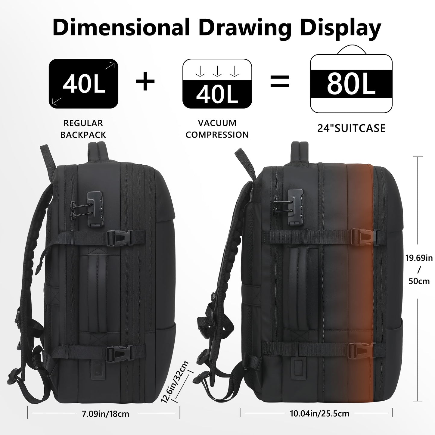 Vacuum Backpack Travel with Pump, Large 80L Exapandable Air Compression Vacuum System, Available Boarding, Carry on Luggage, Water Resistant, TSA Lock and Strong Sealing Airbag for Travel, Black
