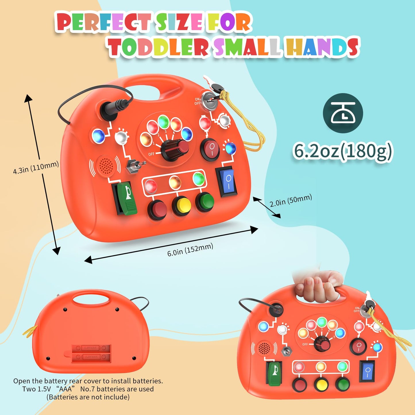 JIWORT Montessori Busy Board for 1 Year Old, Busy Board with LED Light, Baby Sensory Board Toddler Travel Toys for Kids Preschool Learning Activities Boys & Girls Birthday (Orange)