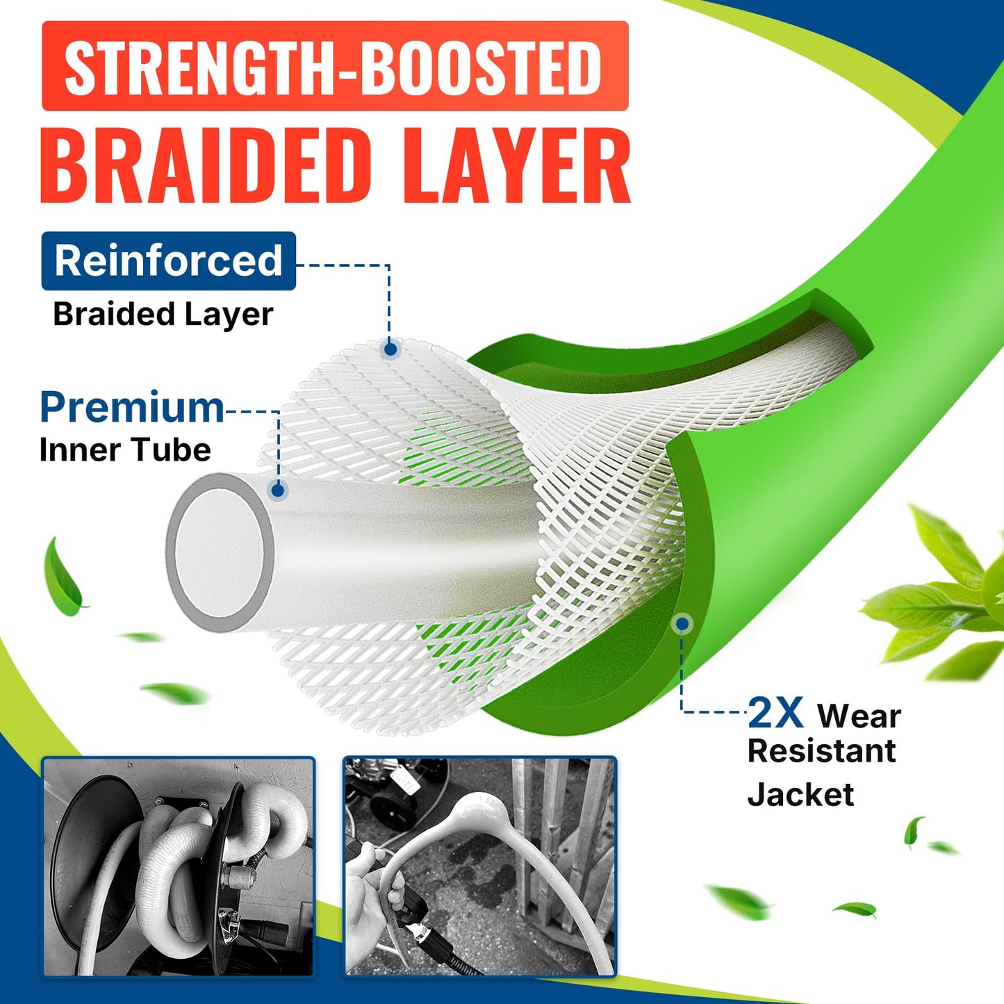 YAMATIC Super Flexible Pressure Washer Hose 50FT for Power Washer Replacement, Kink Resistant Extension With Leak-Free M22 Female & 3/8" Quick Connect Adapters, 1/4" 3200 PSI, Green