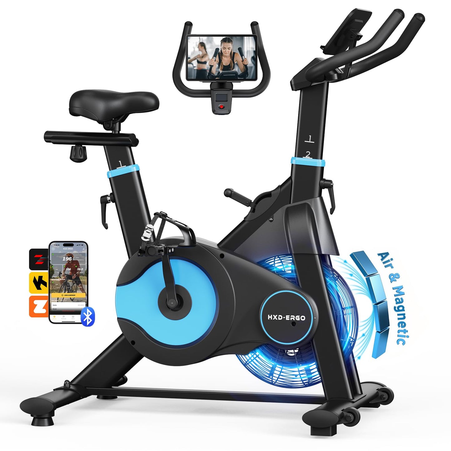 HXD-ERGO Exercise Bike, Magnetic & Air Resistance Indoor Bike, Stationary Bike for Home with Silent Belt Drive, Adjustable Resistance, App Compatible Cycling Bike with LCD Monitor, 350lbs Capacity Workout Bike