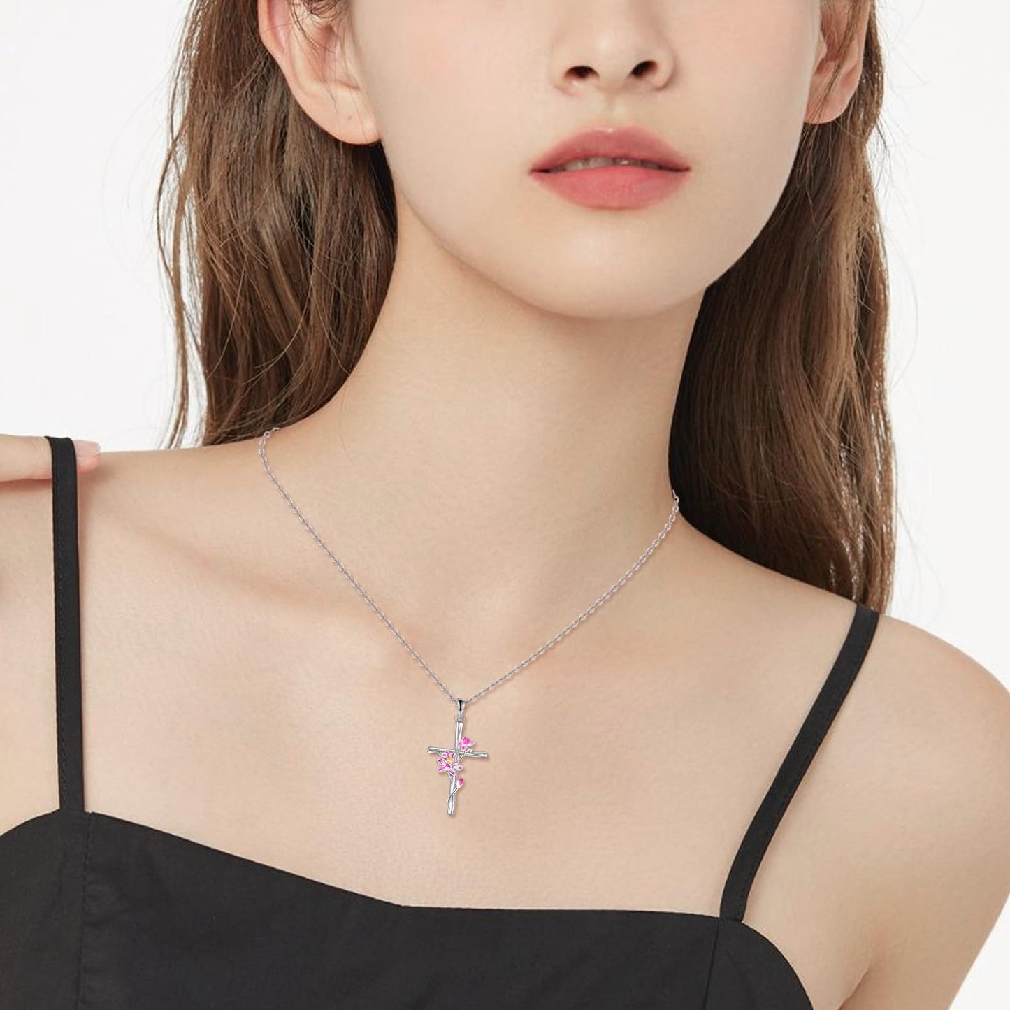 Women Cross Necklace Sterling Silver Lotus Flower Cross Pendant Necklace Jewelry Gifts July Birth Flower Necklace