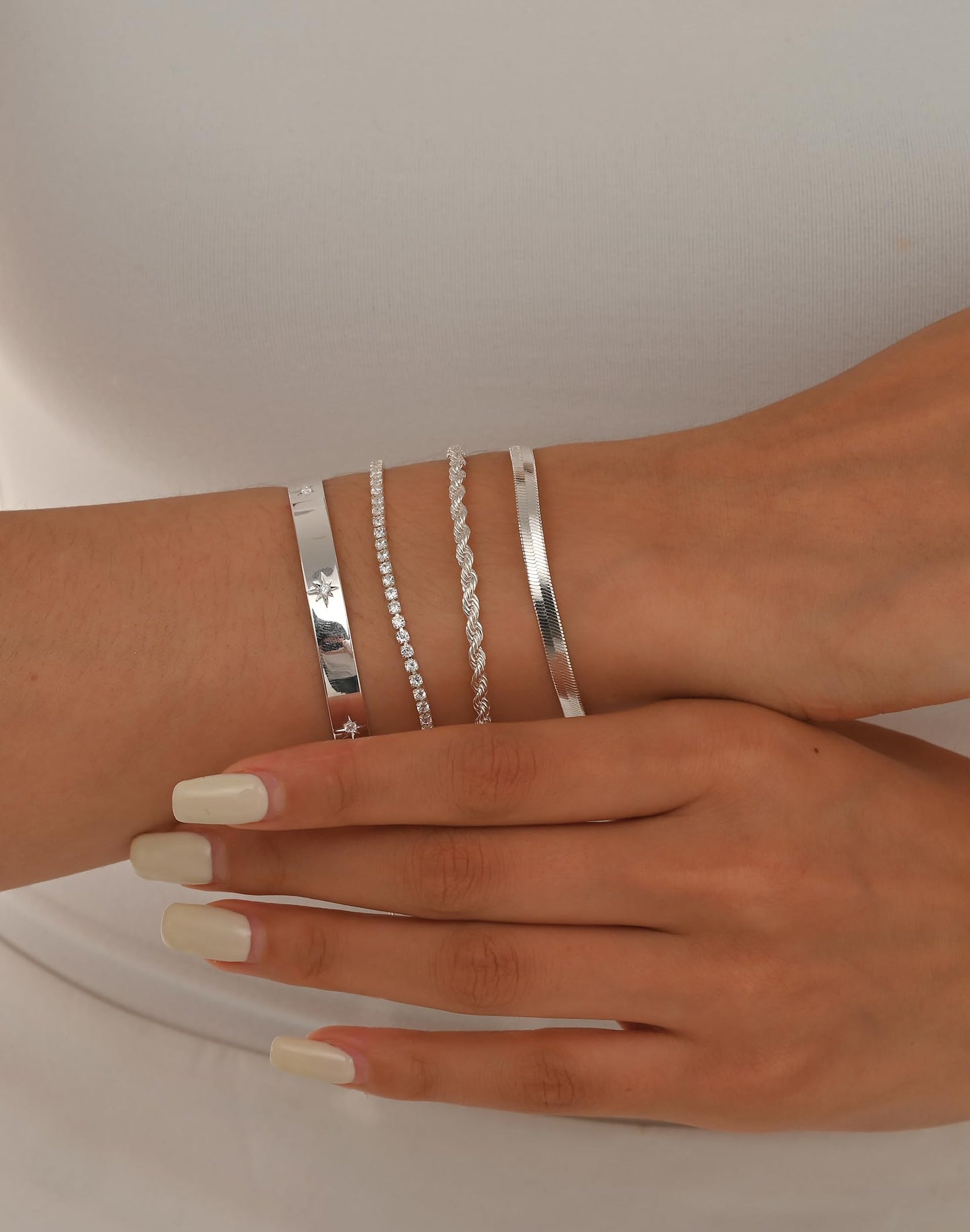 Gold Bracelets for Women 14K Gold Plated Stack Trend Bracelets Charm Paperclip Chain Cuban Link Layered Waterproof Bracelet Dainty Bracelet for Women Jewelry Gifts (Silver)