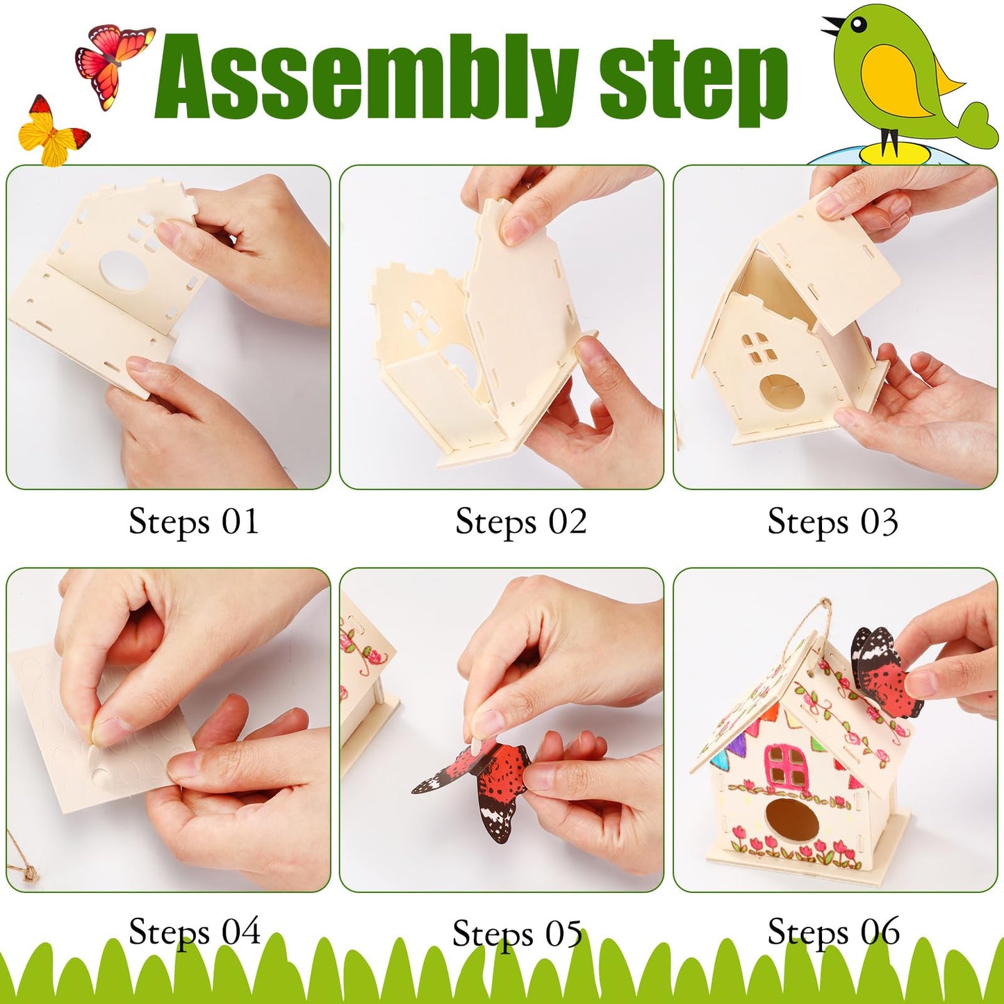 Sawysine 93 Pcs DIY Birdhouse Kits for Kids to Build, 36 Wooden Bird House 6 Shapes and 57 Butterfly Sticker for Children Spring Craft Activity Art Project DIY(Round Entrance)