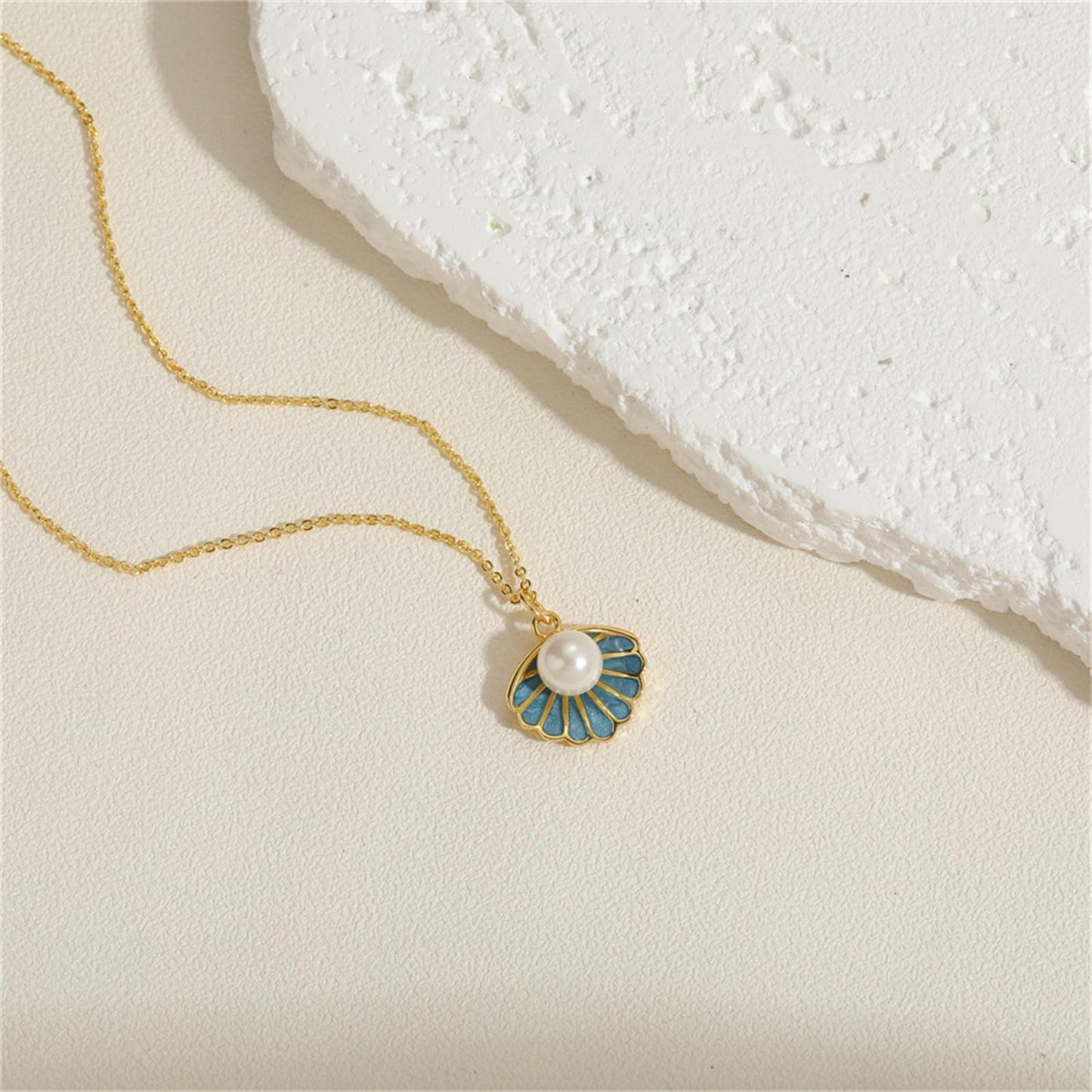 Seashell Pearl Pendant Necklace Gold Plated Boho Enamel Pink Blue Scallop Sea Shell Starfish Ocean Animal Chain Necklace for Women Hawaiian Summer Beach Holiday Fashion Jewelry Gifts (Blue)