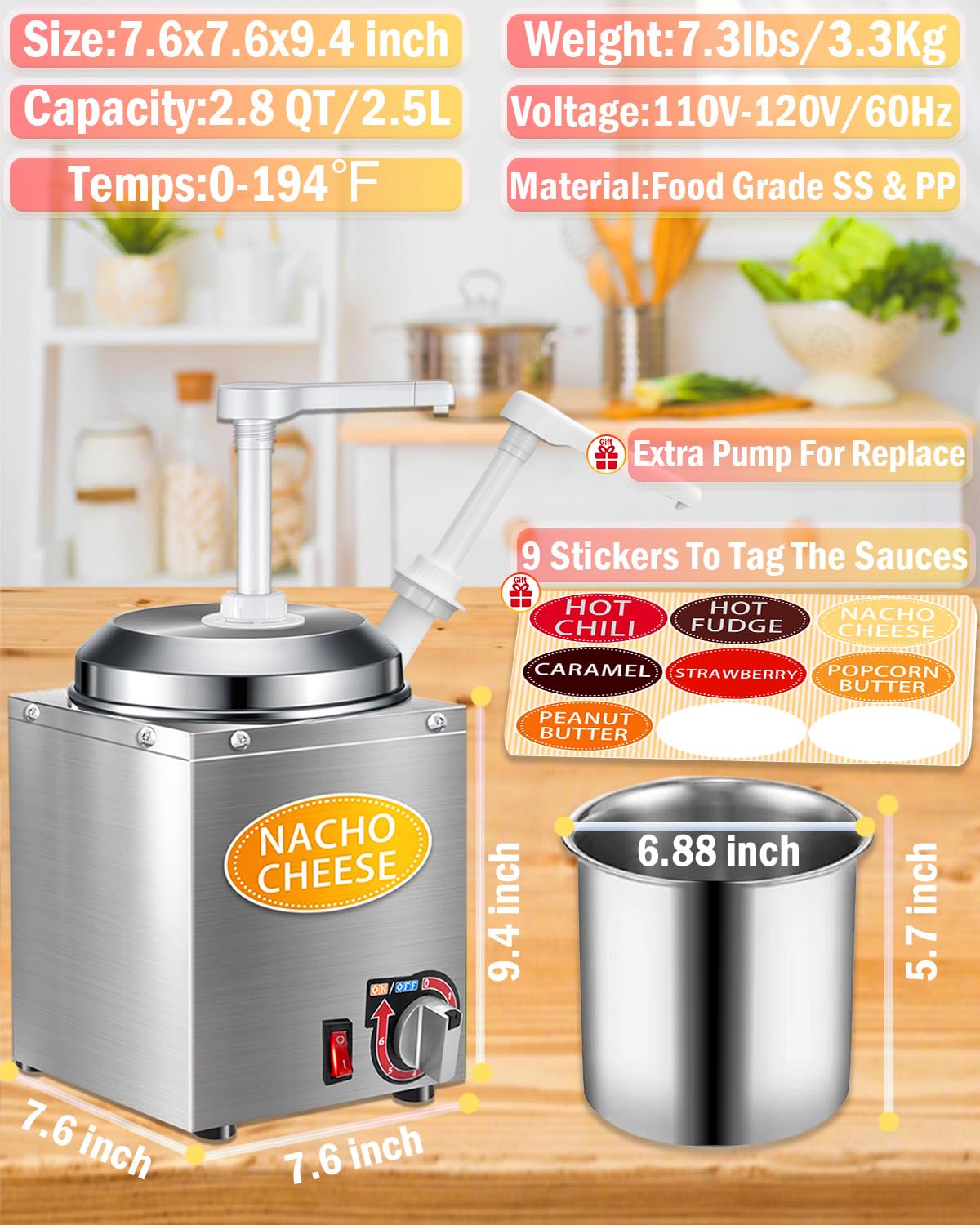 Nacho Cheese Dispenser with Pump - 2.8QT Stainless Steel Nacho Cheese Hot Fudge Sauce Warmer Machine with 6-Level Temperature Control, Commercial Dispenser for Hot Chocolate, Hot Fudge, and Caramel