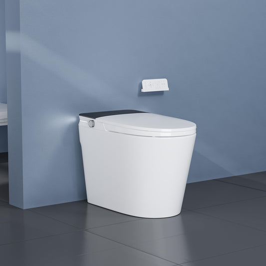 Smart Toilet with ADA Height, Bidet Built-In, Auto-Sensing Flip Lid, Off-Seat Auto Flush, Foot-Sensor, Instant Hot Water and Warm Air Drying, LED Display, Toilet with Light Strip