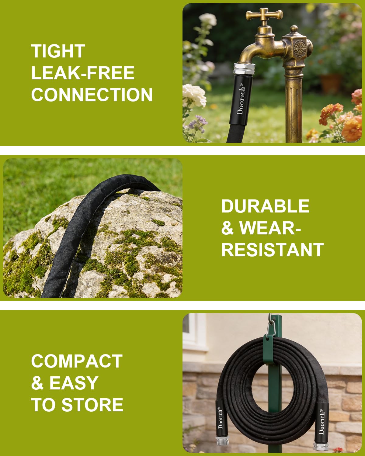 Doorich Garden Hose, Lightweight, Ultra Flexible, Durable, Kink-Free Water Hose - Made of TPU, Drinking Water Safe Material, Non-Shrinking, Easy to Store, All-Weather, Black (50 FT)