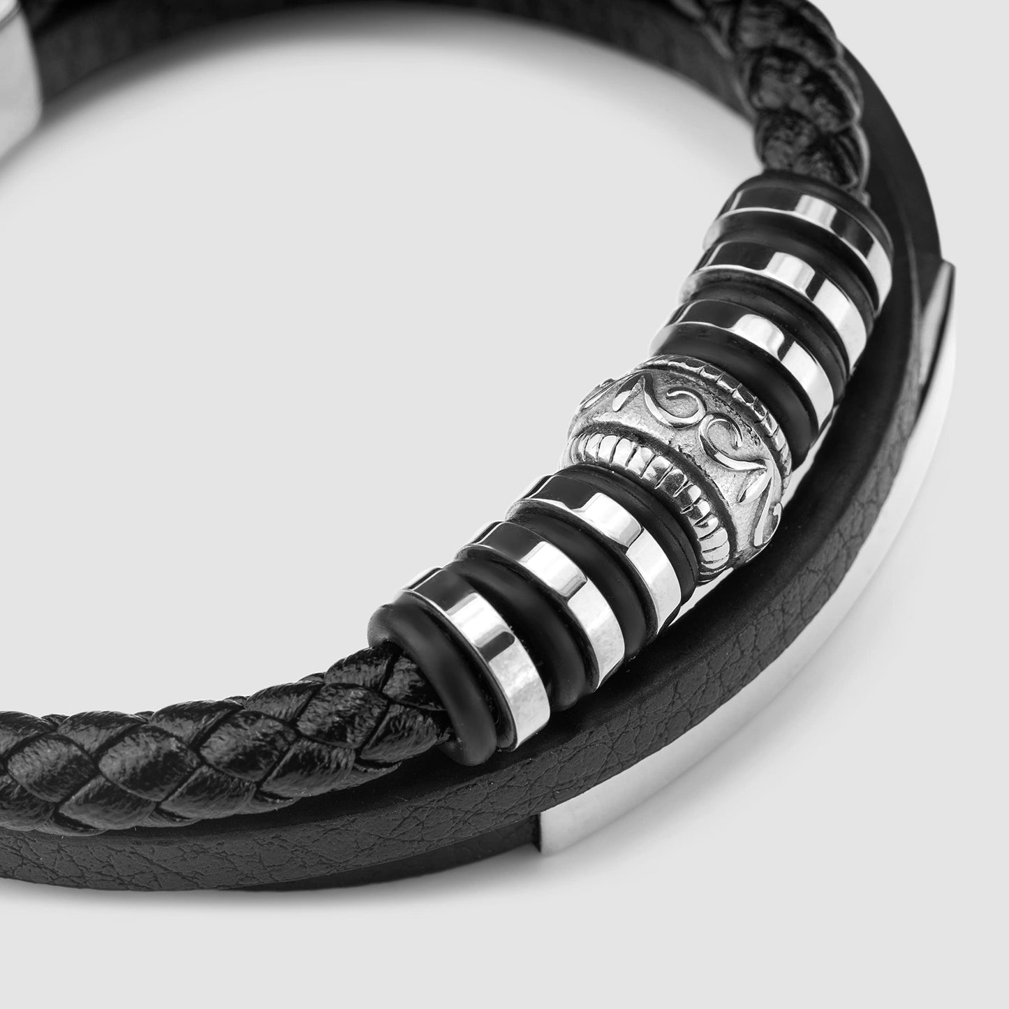 SERASAR 9″ Silver Leather Bracelets for Men Mens Cowhide Gift Box Braided Bracelet Stainless Steel Jewelry Wrist Band Cuff Wrap Rope Bangle Dad Pulseras para Hombres Cuero Regalo