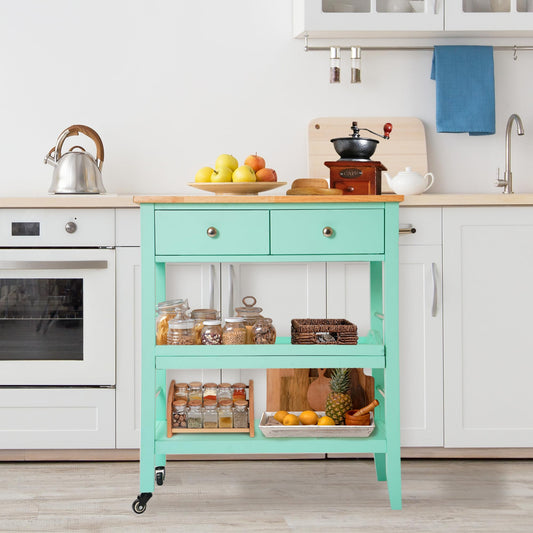 ARROWSTONE Rolling Kitchen Island Cart, Teal Kitchen Cart with Rubberwood Top, Ample Storage Drawers, Adjustable Shelves, Utility Cart with Wheels for Small Kitchens, 35” Height