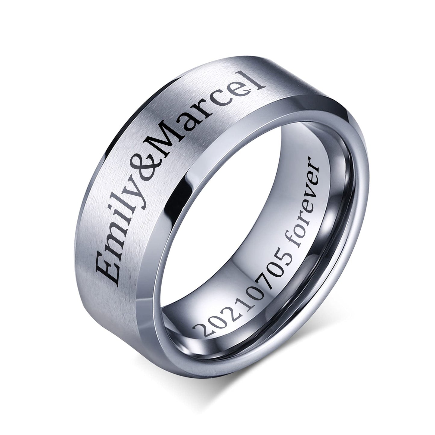 VNOX Mens 8mm Brushed Matte Tungsten Carbide Classical Simple Plain Personalized Custom Name Date Wedding Band Wedding Engagement Ring,Silver,Size 10