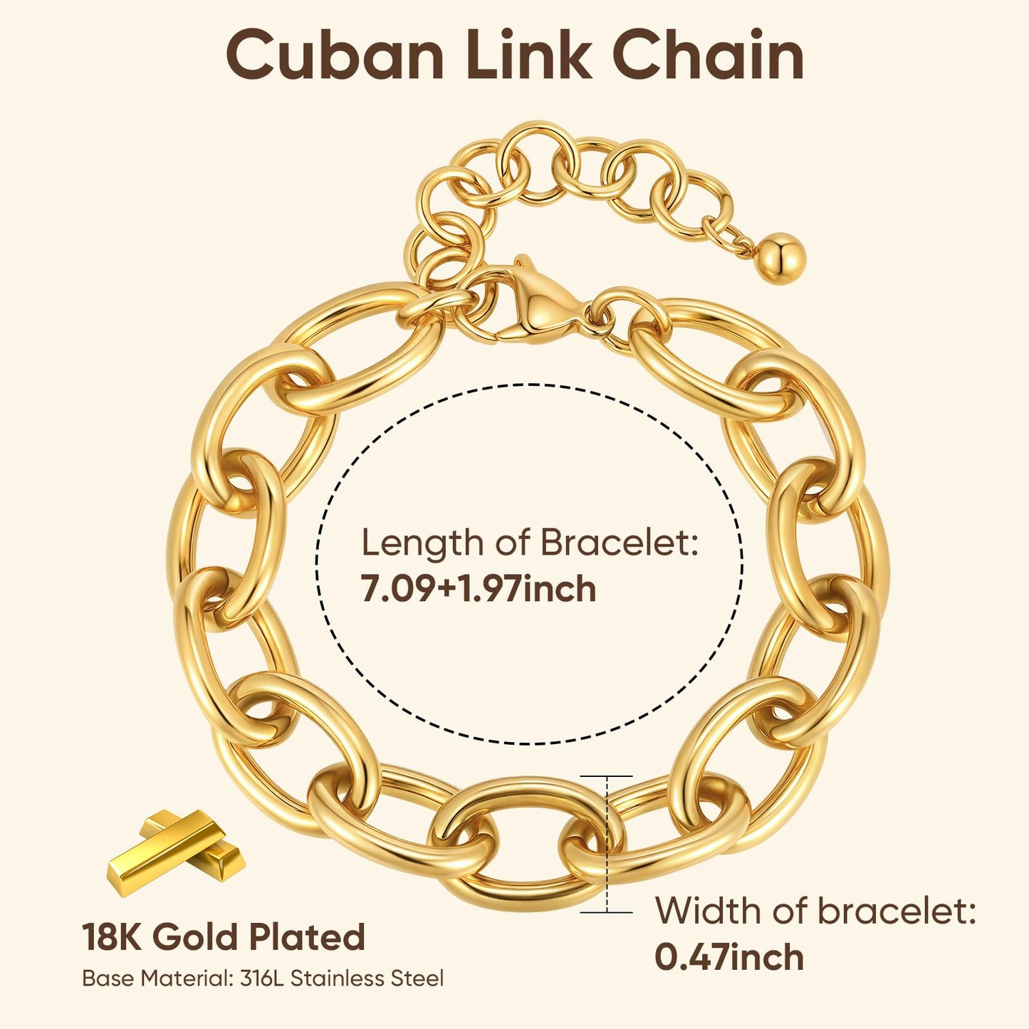 Chunky Gold Bracelets for Women - 18K Gold Plated Cuban Link Bracelet, Stainless Steel Non-tarnish Personality Thick Chain Trendy Jewelry Gifts, Christmas Valentines Party Birthday Gift for Girlfriend