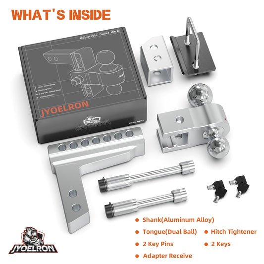 Adjustable Aluminum Trailer Hitch Ball Mount for 2" Receiver, Includes 2.5" Sleeve Adapter, 6" Drop/Rise, Dual Ball 2" & 2-5/16", 12,500 lbs GTW, Hitch Tightener with Locking Pins