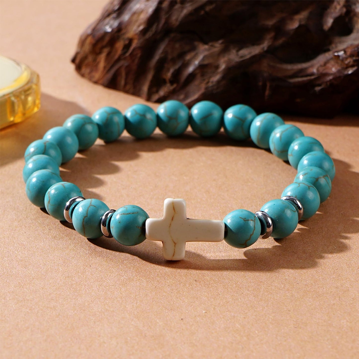 Frigotine Cross Created Turquoise Beads Stretch Protection Bracelet for Man Woman, Handmade Healing Stone Chakra Beads Elastic Bracelets Religious Accessories Fashion Jewelry Fathers Gift
