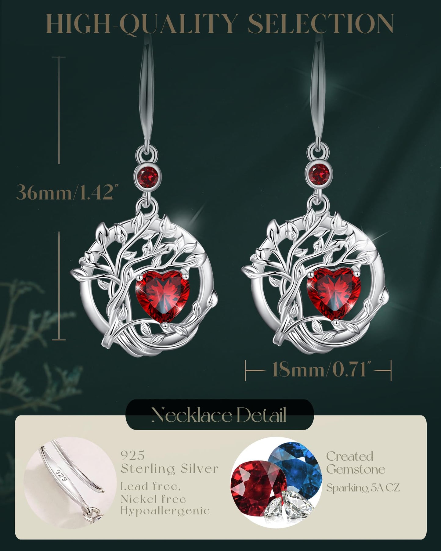 FANCIME Tree of Life Earrings 925 Sterling Silver Dainty Red Garnet Dangle Drop Gemstone Earring January Birthstone Fine Jewelry Birthday Mothers Day Gifts for Wife Her Women
