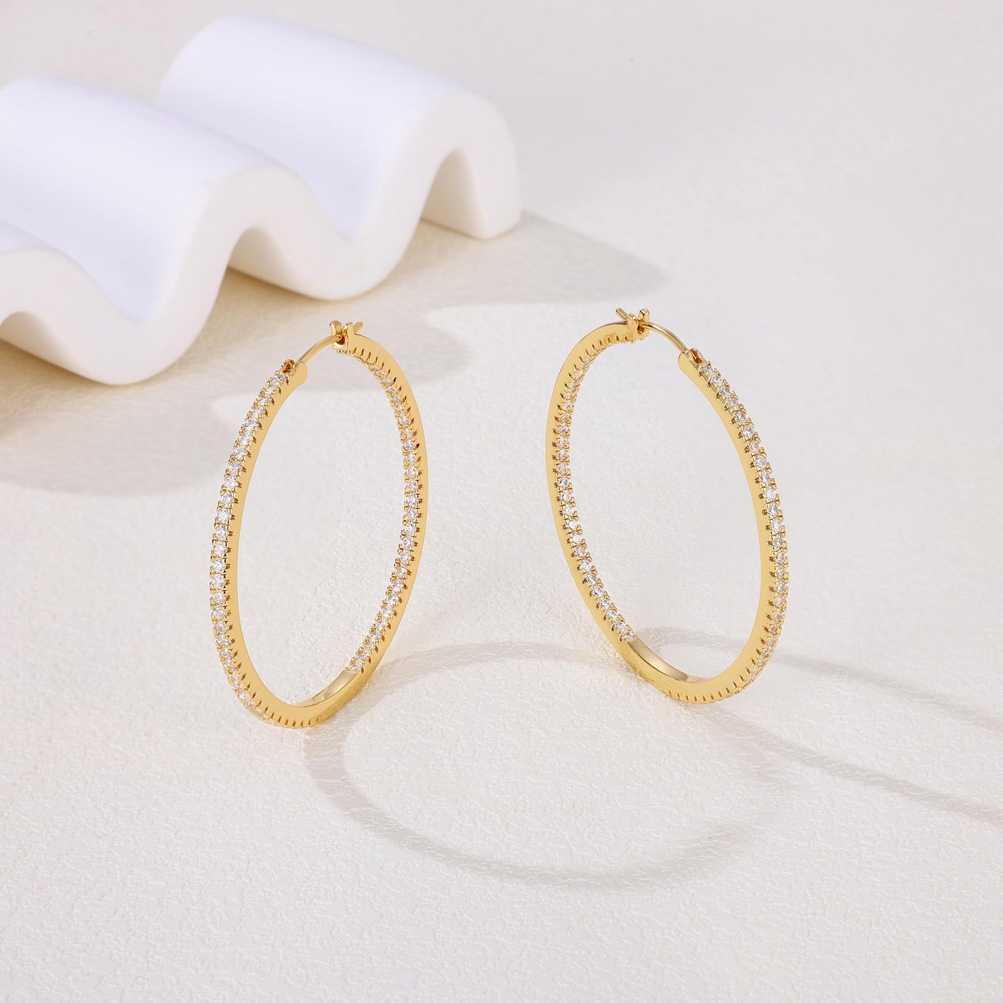 Gacimy Gold Hoop Earrings for Women, 50mm Cubic Zirconia Hoop Earrings, 14K Gold Plated Brass with 925 Sterling Silver Post