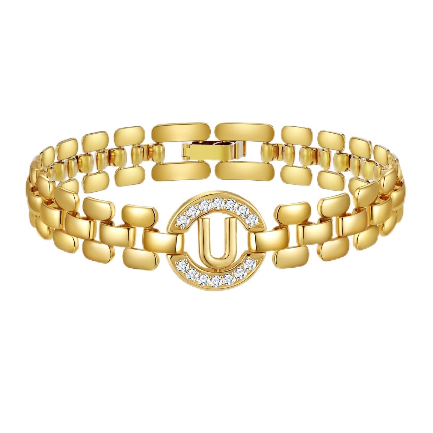 WEDDINEN Initial Bracelet,14K Gold Plated Letter Bracelets for Women, Thick Bangle Wrist Gold Alphabet Bracelet for Women, Christmas Gifts for Women Jewelry Initial U Charm Chain
