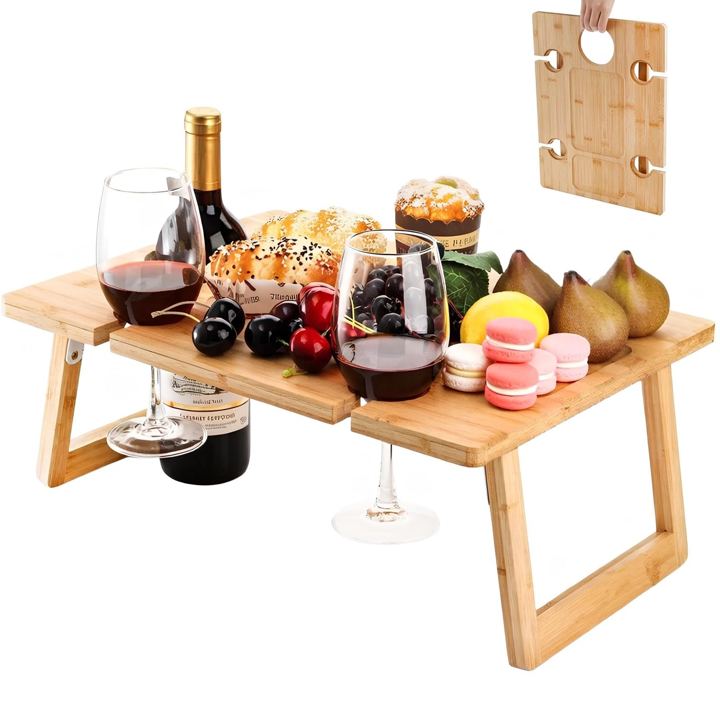 Peohud Portable Wine Picnic Table, Foldable Champagne Picnic Snack Table Tray, Wooden Outdoor Picnic Table with Glass Holder for Park, Beach, Camping, Bed, Wine Lover Gift