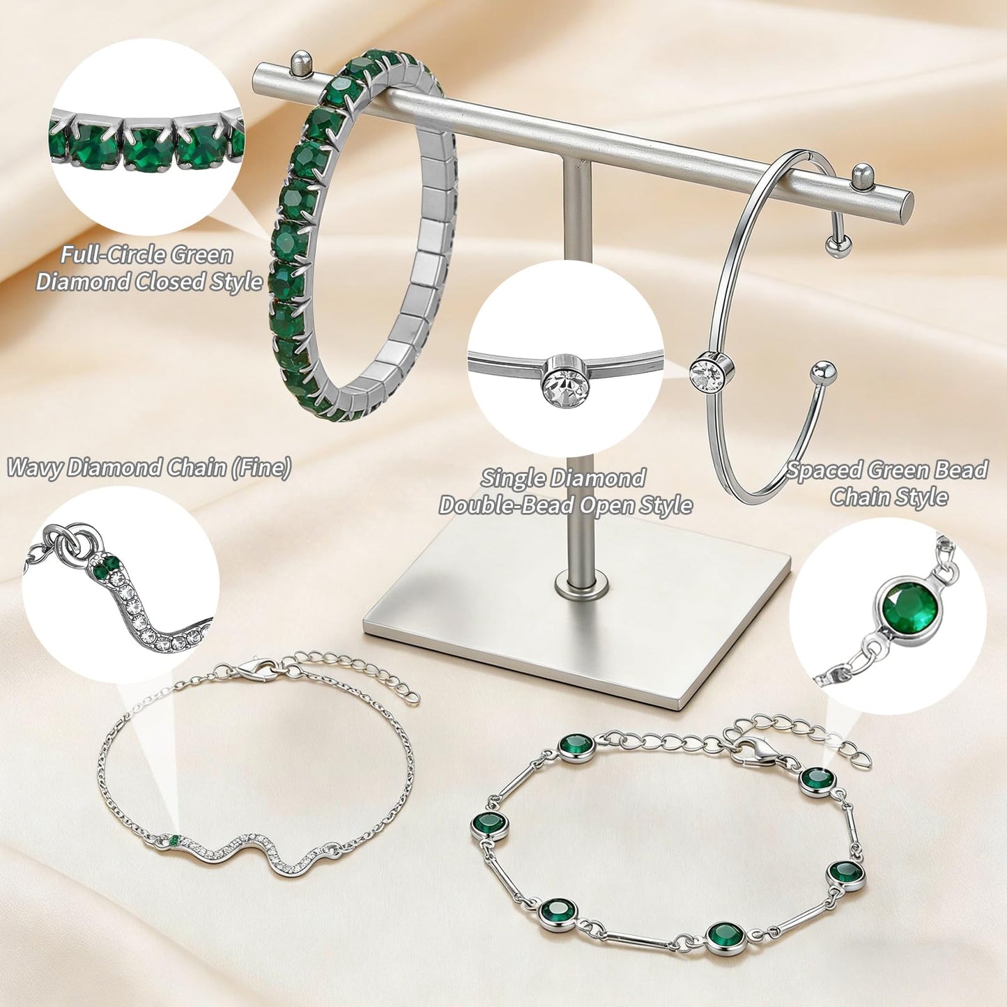 VEINARDYL Silver Birthstone Bracelets for Women, Green Birthstone Layered Jewelry Cuff Silver Plated Bangles, Open Adjustable Bracelets Fashion Accessories Jewelry Set for Mothers Day Gifts