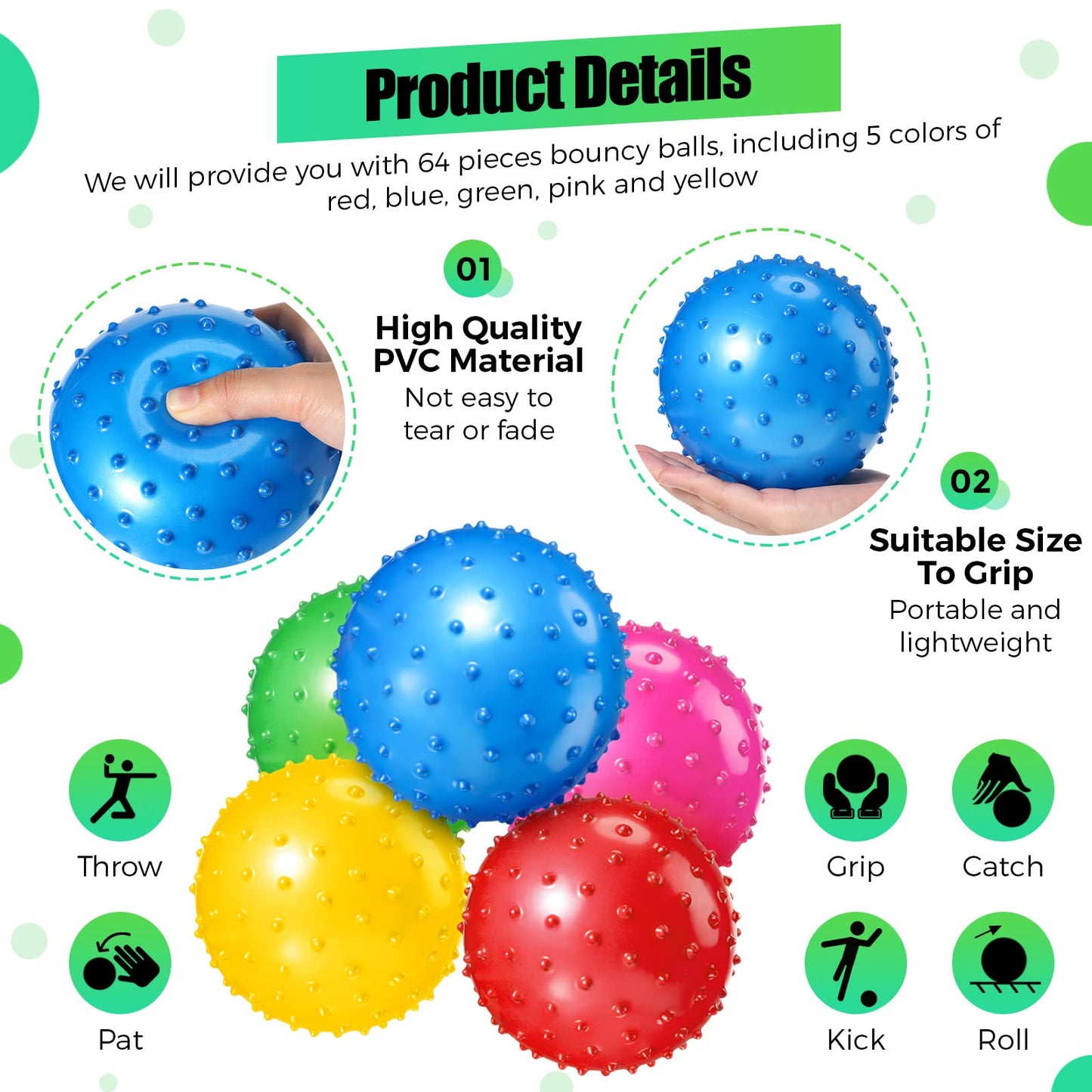 Jerify 64 Pieces 6.3 Inch Knobby Balls for Kids Sensory Balls with Air Pump Small Inflatable Bouncy Soft Spiky Toddler Bounce Party Favors Summer Beach Pool Baby Massage Stress Play Set, 5 Colors