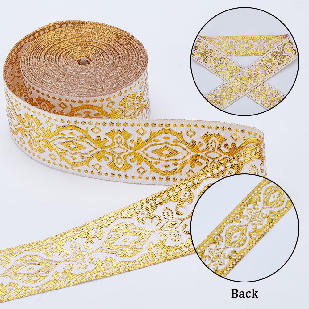 GORGECRAFT 15 Yards x 1.3 Inch Jacquard Ribbon Metallic Gold Ethnic Embroidered Woven Satin Roll Double Side Boho Fabric Floral Sewing Webbing Wrapping Strap Trim for DIY Crafts Home Curtain Decor