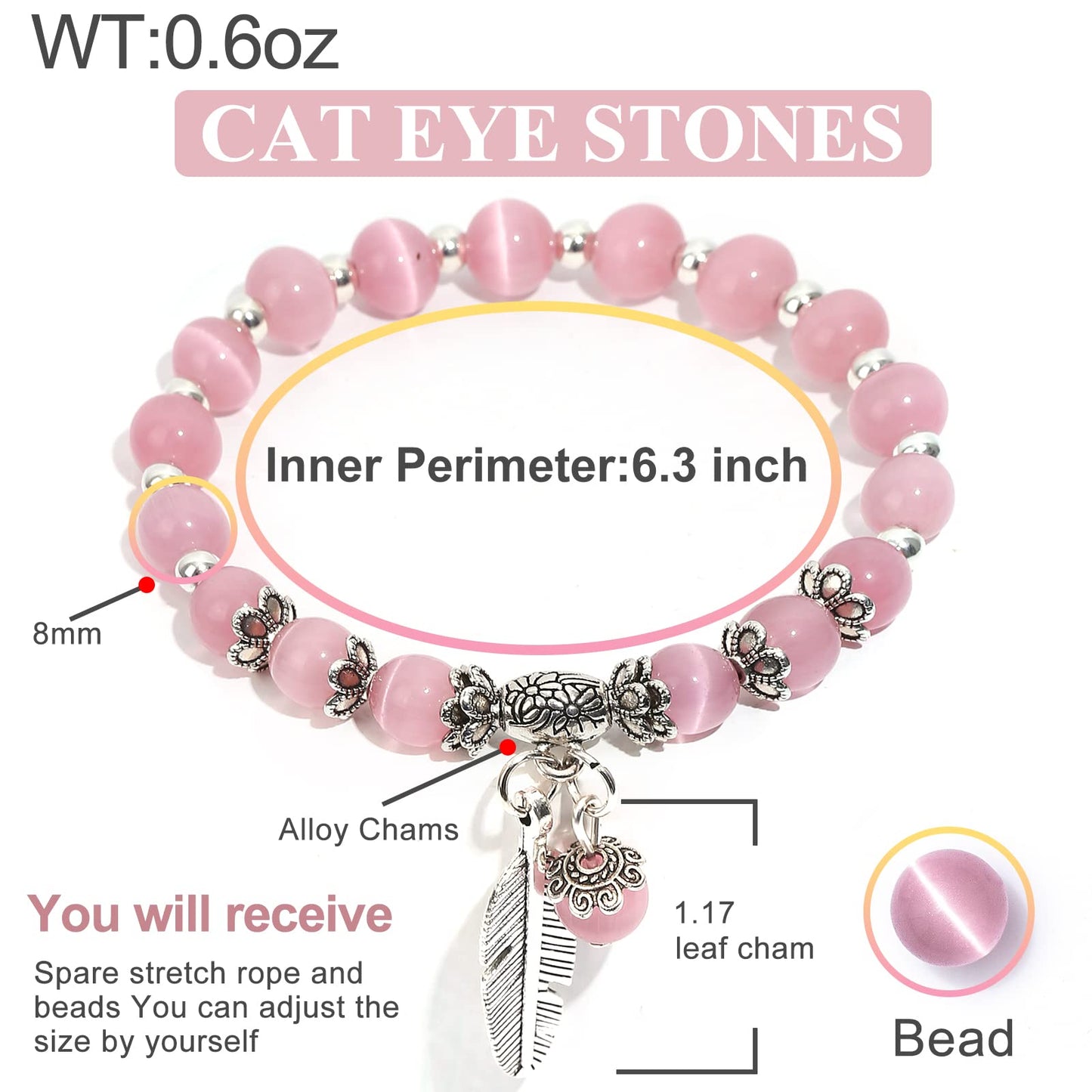 MEHUK Natural Stretch Gemstone Bracelet Healing Stone Beaded Bracelets for Women Men Gifts (Unisex) (8mm pink)