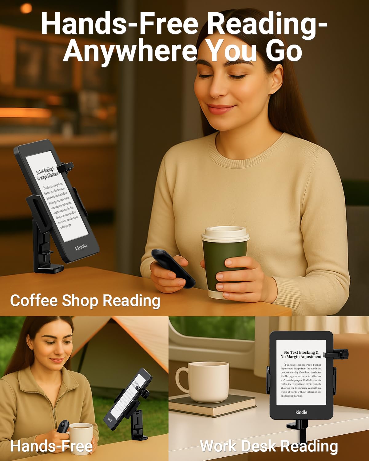 Kindle Travel Stand with Remote Page Turner – Foldable Kindle Holder and Clicker for Hands-Free Reading on Airplanes, Commutes & Camping