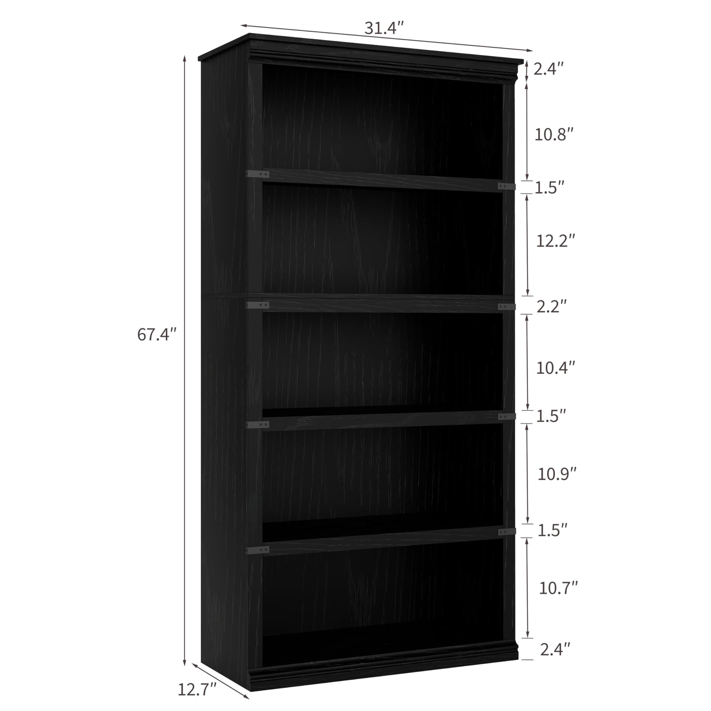 5 Tier Bookcase, Farmhouse Book Shelf with Storage Open Display Bookshelves, 67.4" Tall Book Case Wooden 5 Shelf Bookcase Home Decor Furniture for Home Office, Living Room, Bed Room - Black