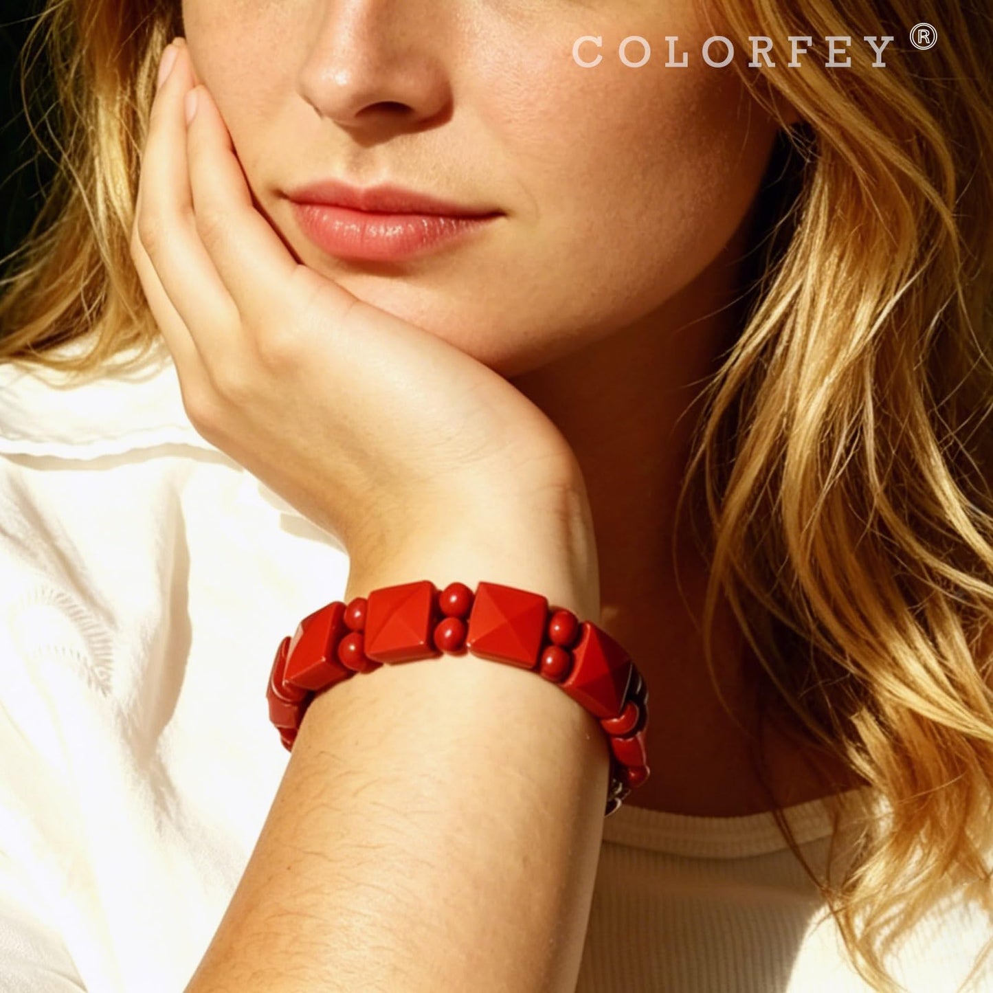 COLORFEY Red Bracelets for Women Men Real Red Agate Beads Protection Crystal Bracelets Flated Square Stone Bracelet for Women, Handmade Natural Crystals Durable Wire Bracelet for Stress Relief