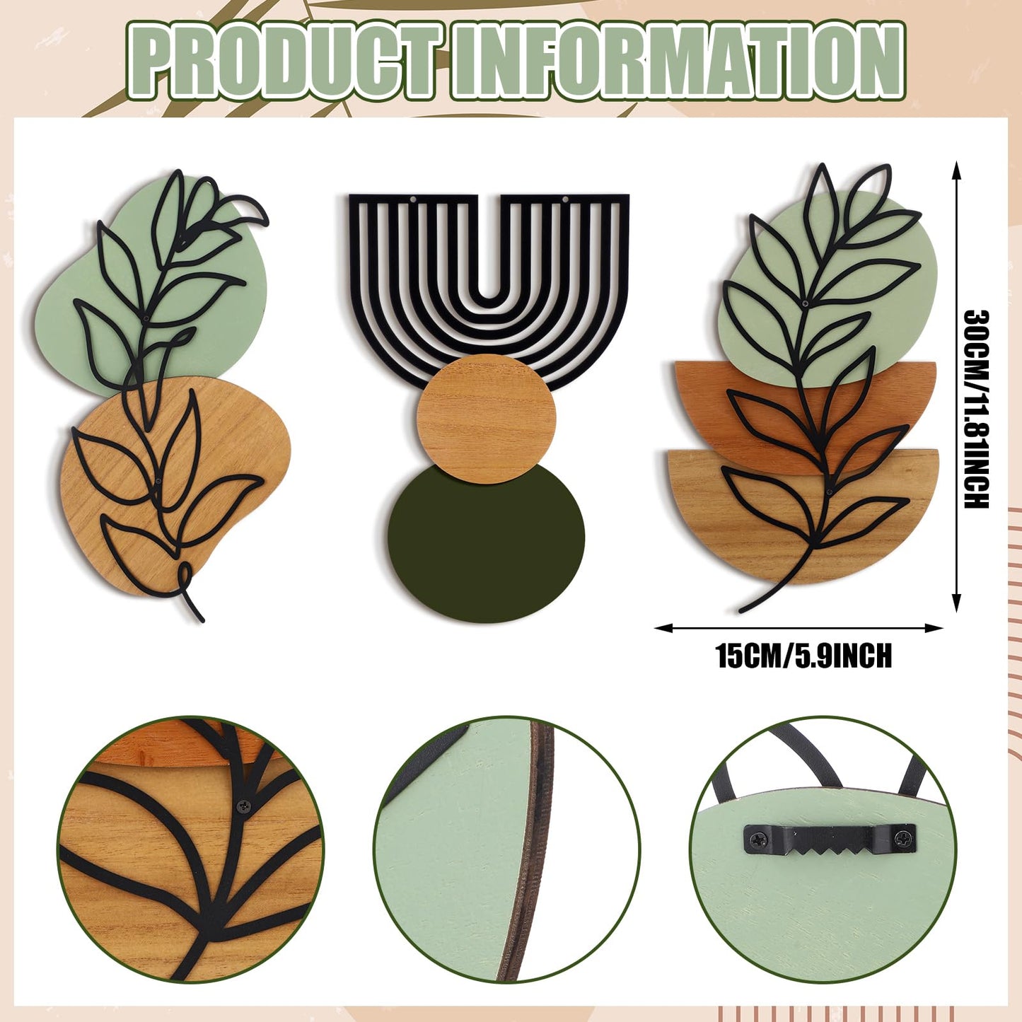 Wenqik Set of 3 Boho Wall Art Decor 3D Wood & Metal Abstract Geometric Wall Hangings Sculpture 15 x 6in Sage Green Beige Terracotta Minimalist Botanical Artwork for Home Decor Gallery Room