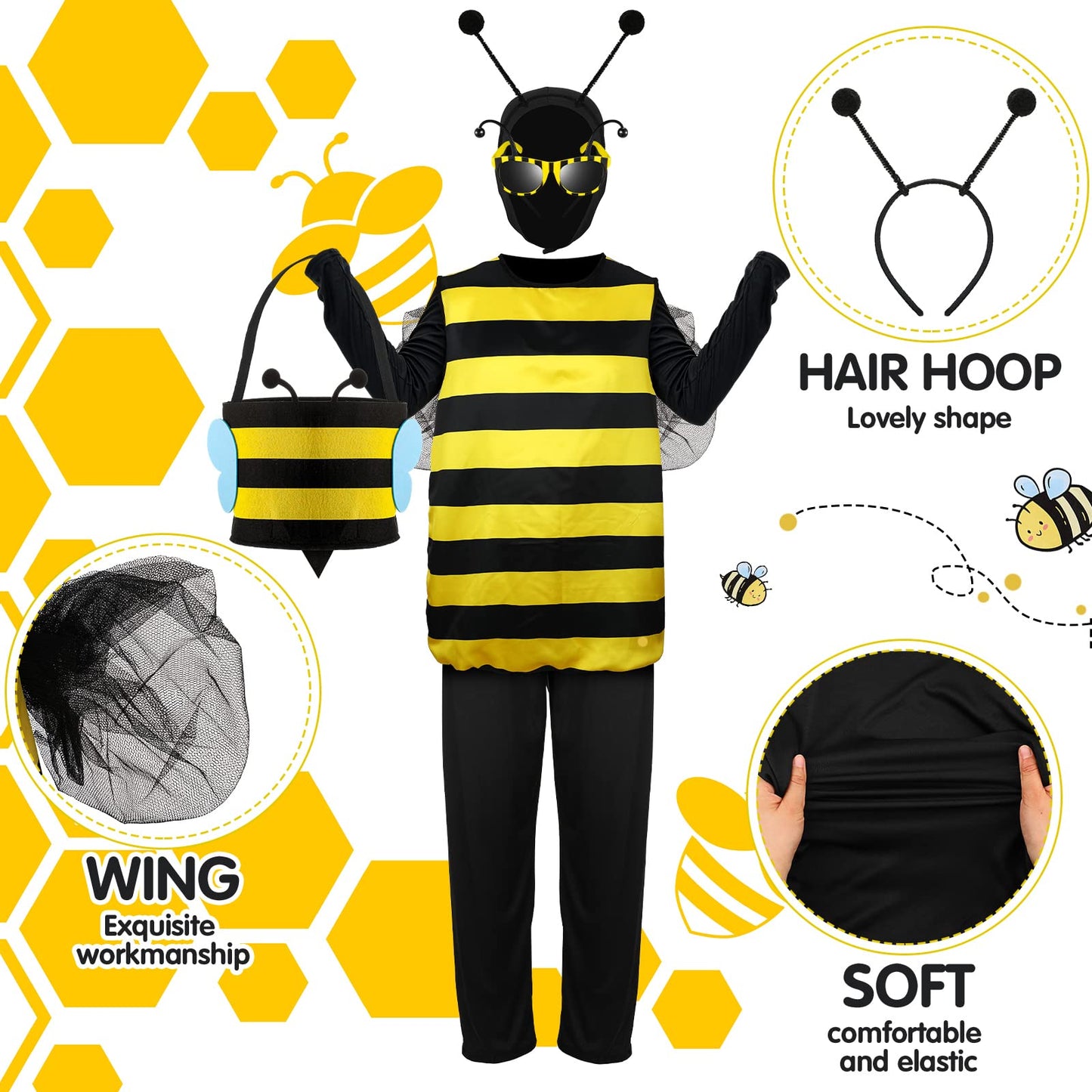 Haull 7 Pcs Adult Bee Costume Kit Men Bumble Outfit Bee Glasses Headband Basket Accessories Funny Halloween Cosplay Party(XX-Large)