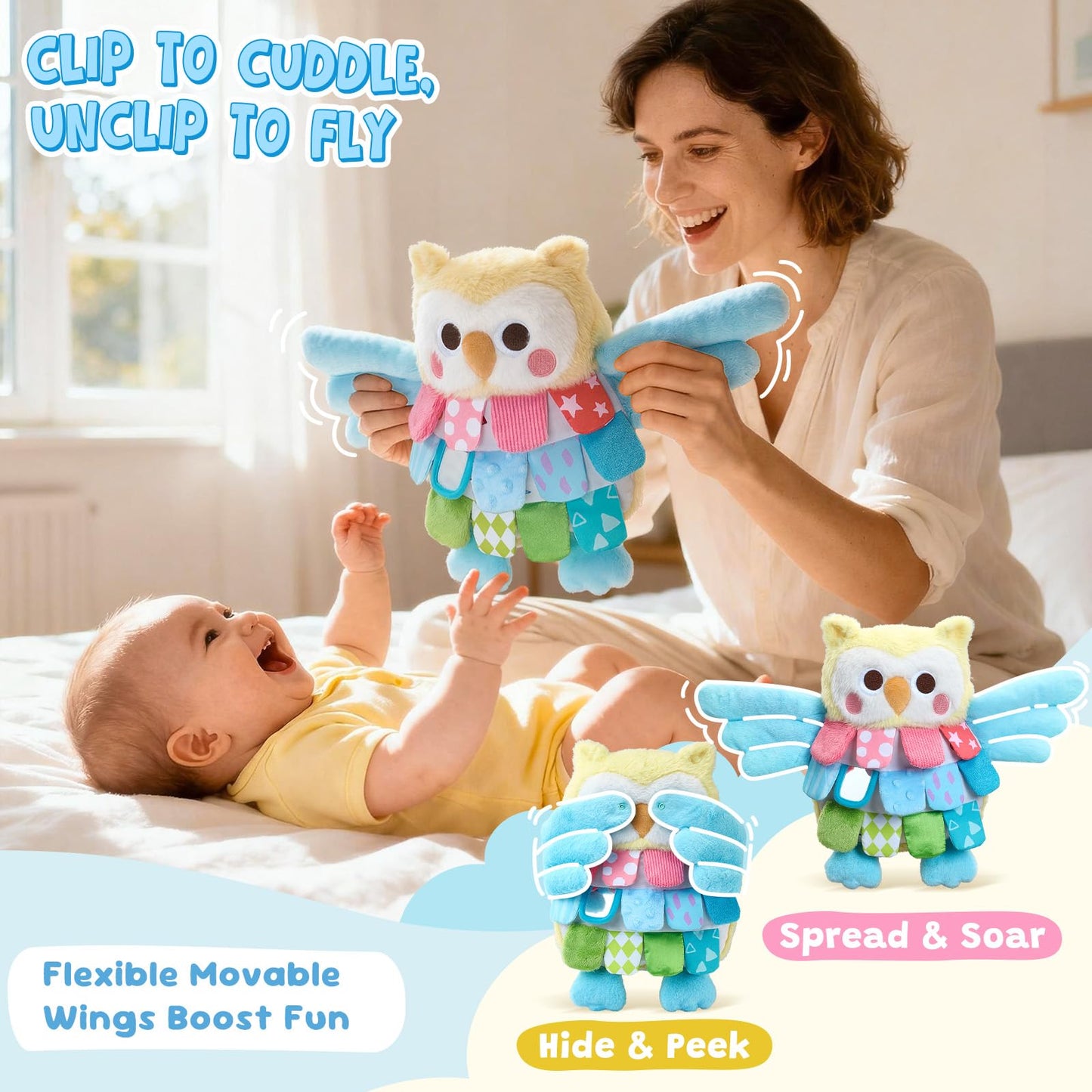 JoyCat Baby Toys 6-12 Months, Soft Baby Beehive with 5 Sensory Bees - Rattle, Crinkle Paper, Squeaker, Mirror + Sensory Owl Stuffed Animal, Soft Tummy Time Toy for Infant with Textured Crinkle Mirror