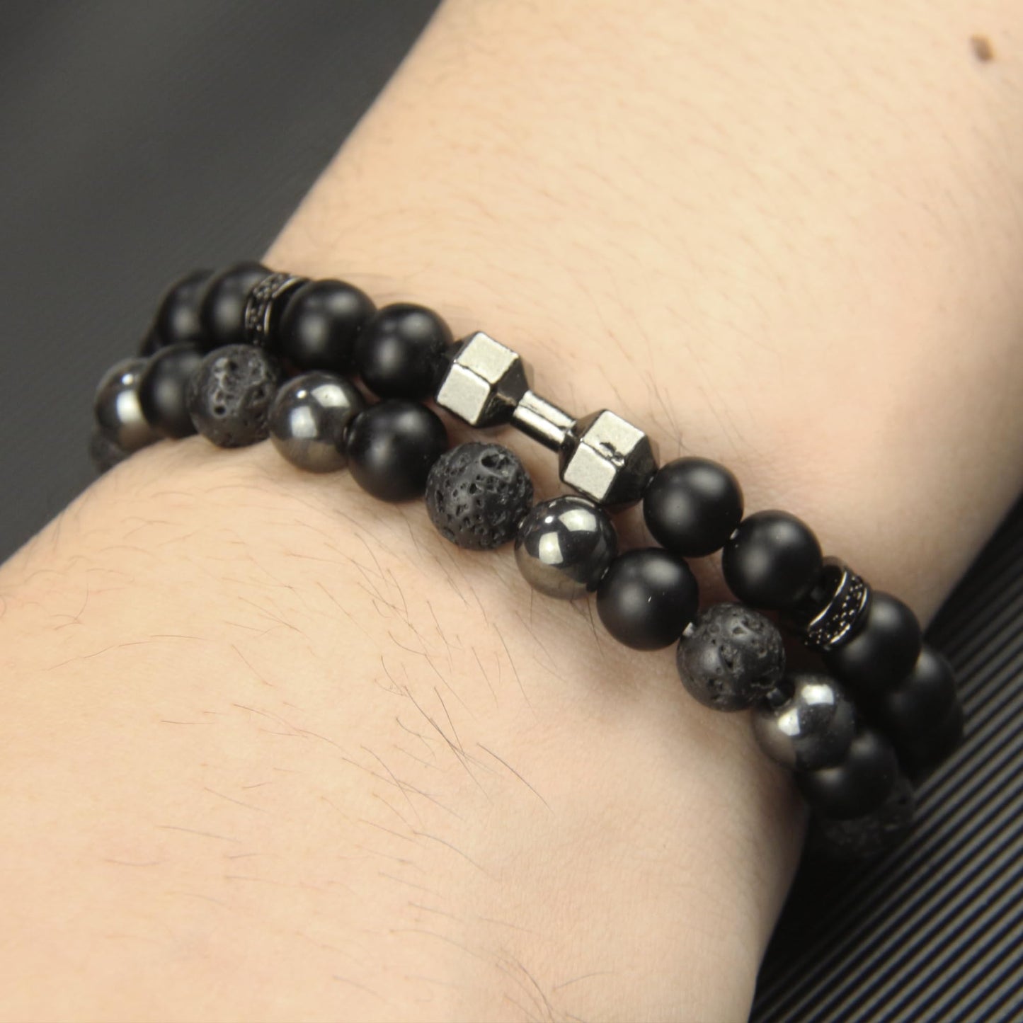 GDLKPYHS Black Obsidian Bracelets for Men- Dumbbell Bracelet - Tourmaline Beaded Bracelets, 8MM Black Onyx Hematite Lava Stone Beads Triple Protection Bracelet for Men Women Gifts