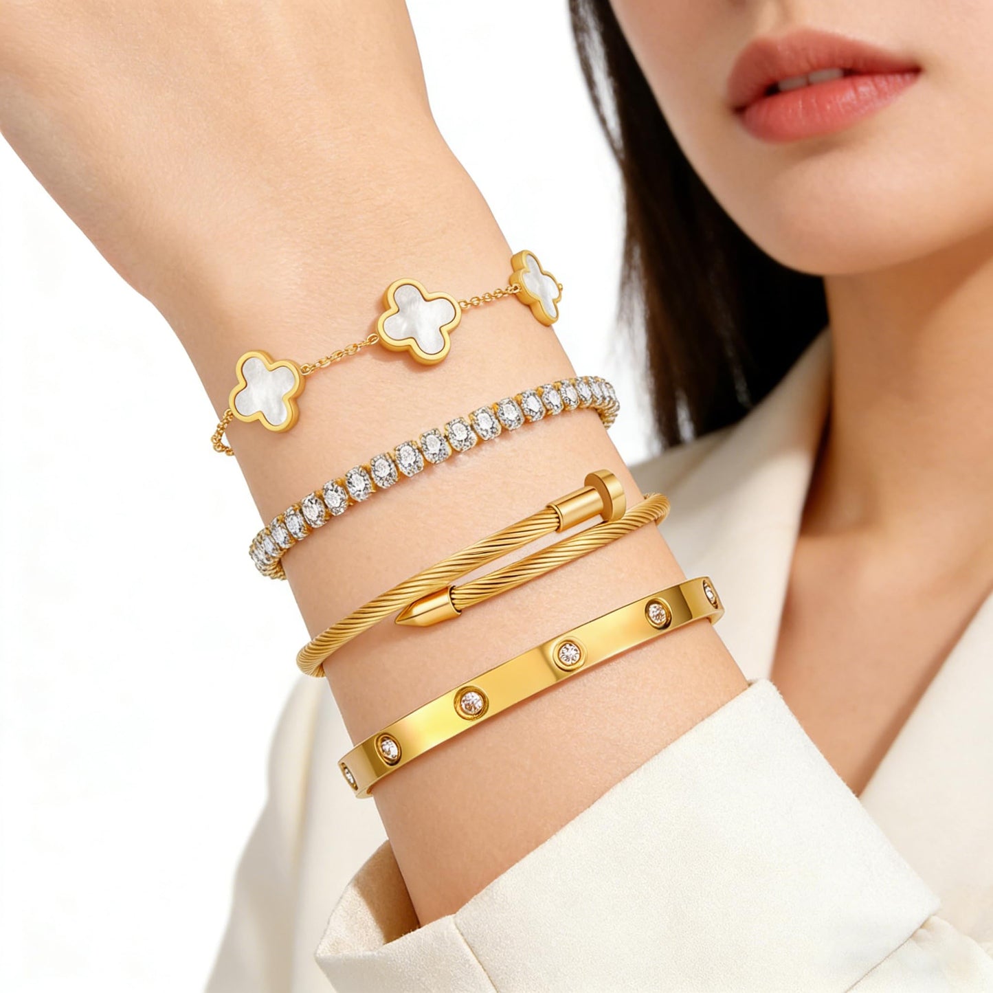 Gold Bracelets for Women, 18K Gold Plated Women Tennis Bracelets Clover Nail Love Bangle Bracelet Set, Gold Bracelet Stackable Set Trendy Jewelry, Gifts for Women's Day and Mother's Day (09-Color- 4 White)